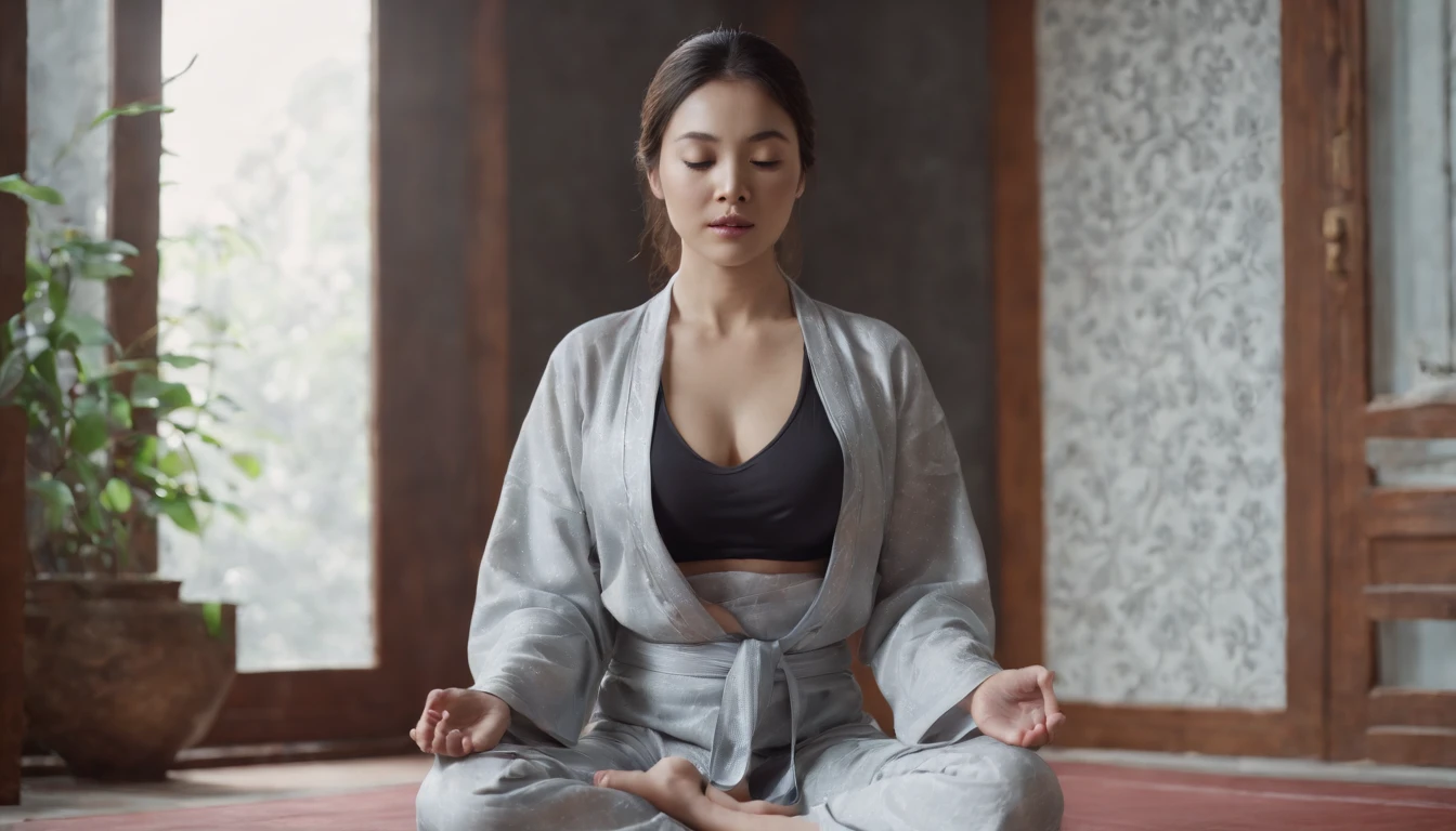 (Master Part:1.2),Best Quality,Phisif,daoist,(meditating:1.1), soio,Girl with big breasts in transparent pajamas ,Cross your legs and meditate, Sweating all over your body, cart,Transparent,realisitic