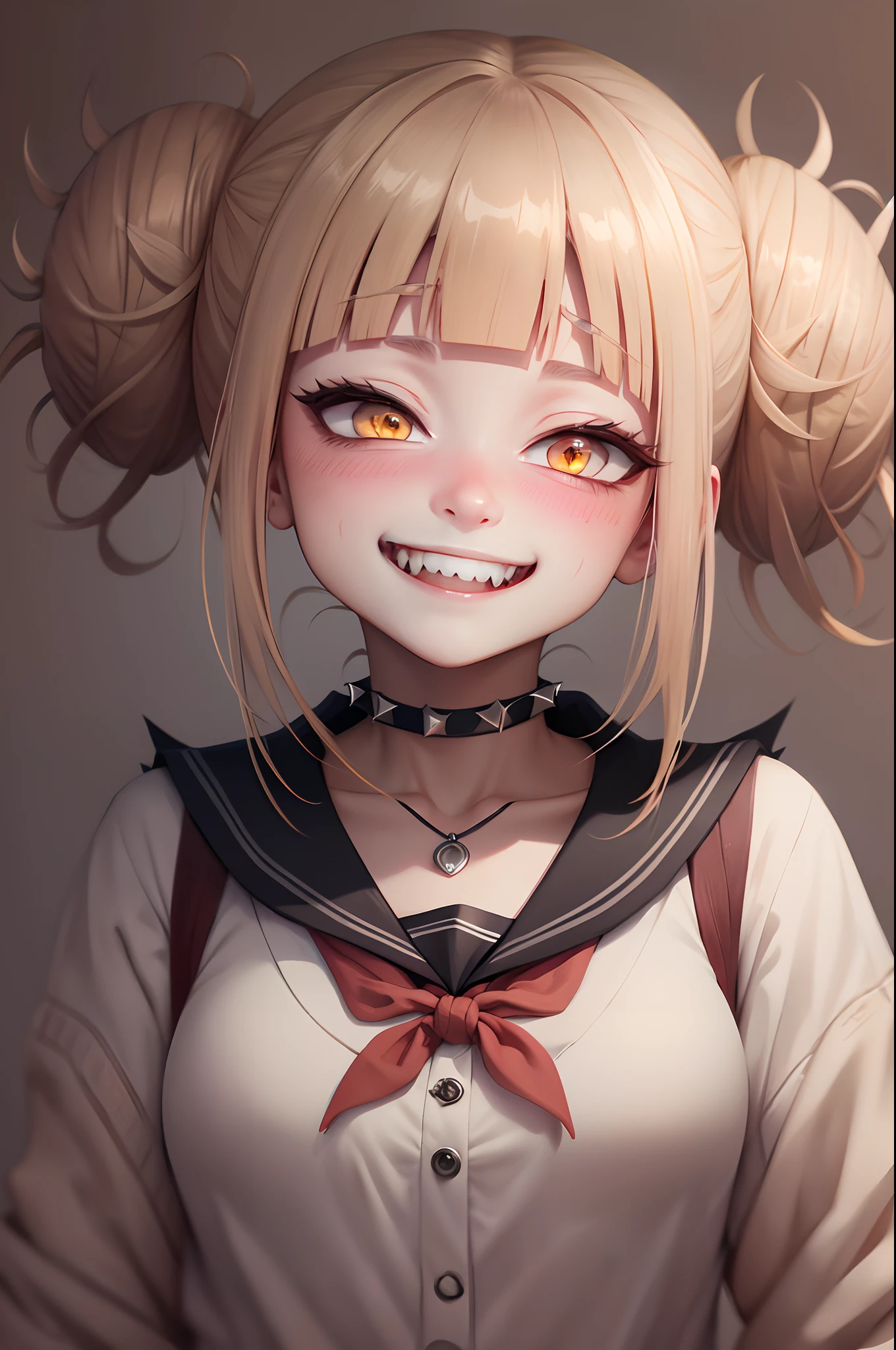 masterpiece, top quality, best quality, 1girl, Toga, (fangs), (unusual pupils), (smile), messy hair, (spikey choker), crazy blushing,