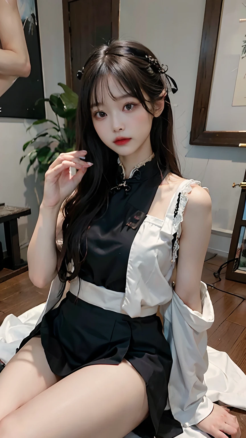 beautiful a girl、high-level image quality、Like a shot with an SLR、Sensual body、chinese clothes、Making a slit in the clothes of the thigh、Painting a work of art depicting a woman in a traditional cheongsam、Gothic lolita、Niso、knee sox、Absolute Area、a miniskirt、skirt by the