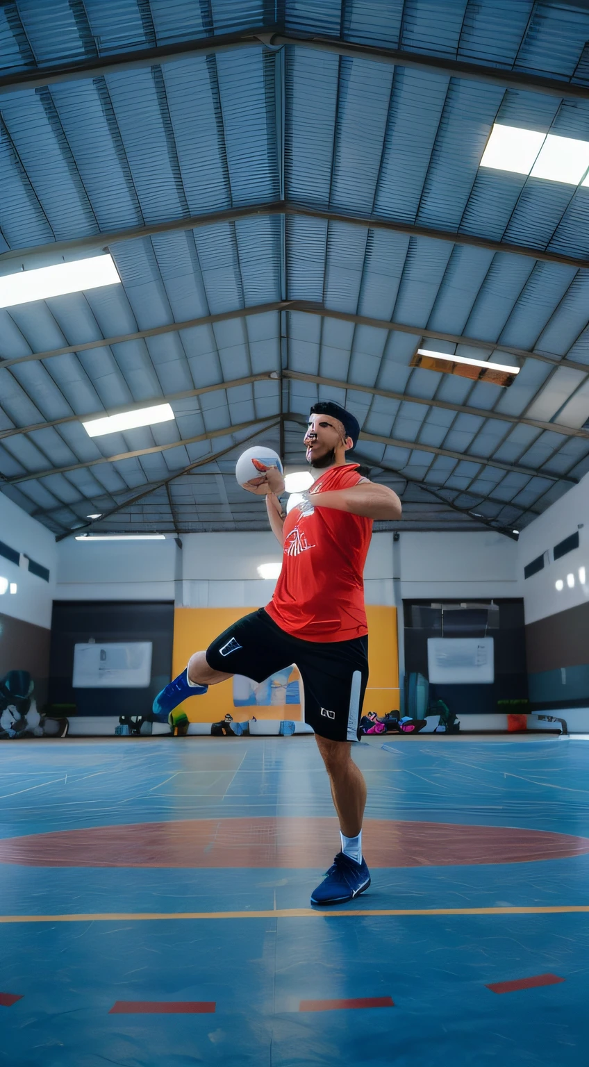 there is a man that is throwing a ball in a gym, shot on canon eos r 5, shot on canon eos r5, indoor shot, dynamic action shot, wide angle dynamic action shot, shot on sony a 7 iii, shot on nikon z9, shot on sony a 7, shot on nikon d 3 2 0 0, in an action pose