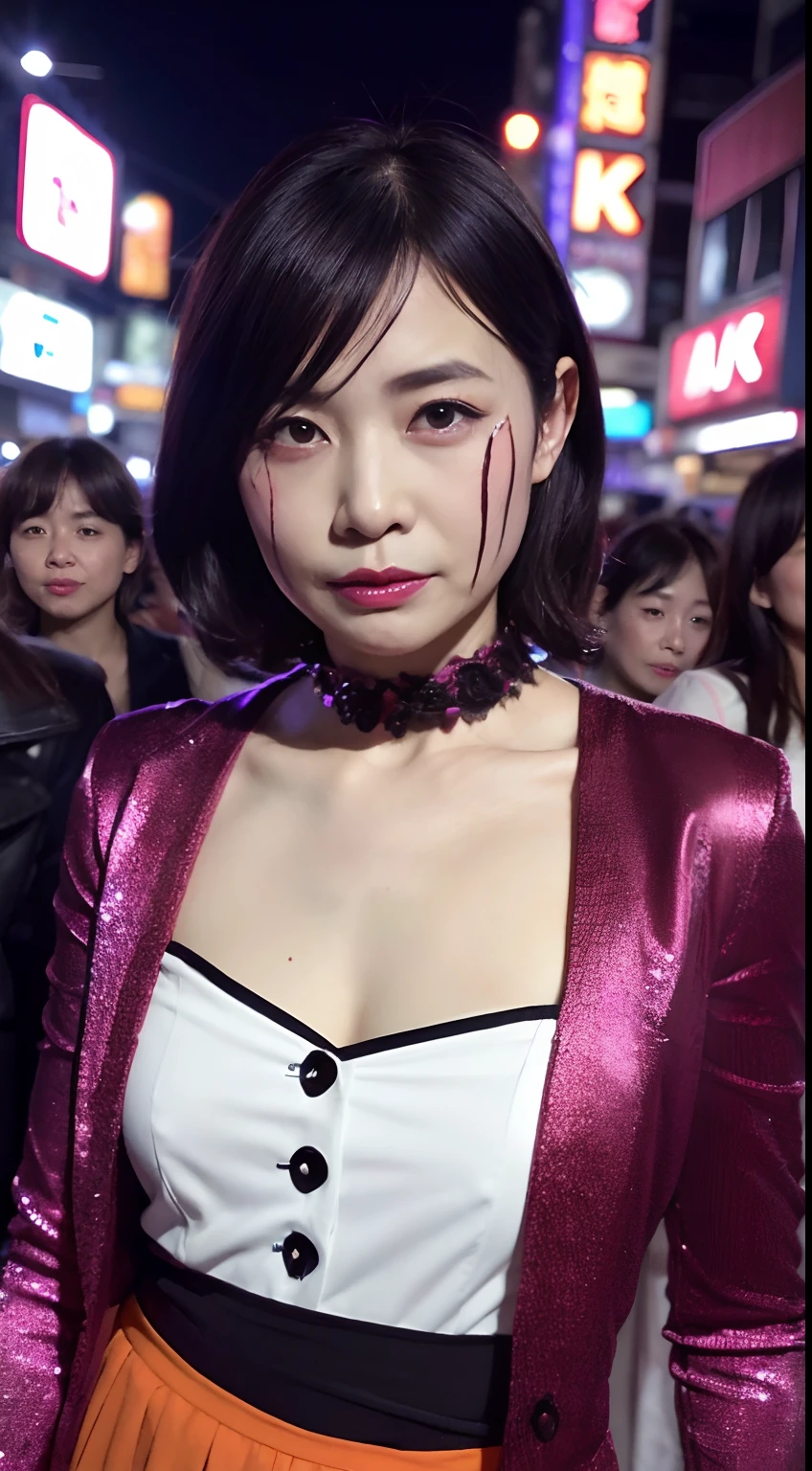 ((top-quality、8K、​masterpiece:1.3))、Photorealsitic, foco nítido, high-level image quality, hight resolution, Portrait, Solo, japanes, Beautie, A sexy, Halloween Cosplay, Woman with blood on her face, Spicy face, Zombie Outfit, ２0 Age, (a small face:1.3), Smaller chest, In the city of Halloween, Shibuya,Shibuya Scramble Crossing, natta, neons,