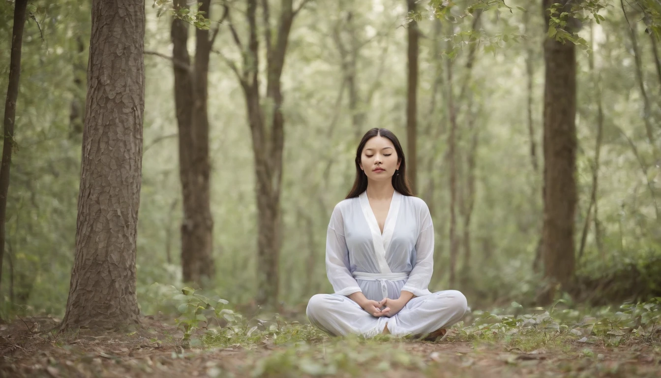(Master Part:1.2),Best Quality,Phisif,daoist,(meditating:1.1), soio,Girl with big breasts in transparent pajamas ,Cross your legs and meditate, Sweating all over your body, cart,Transparent,RealityTied up with hair,In the woods