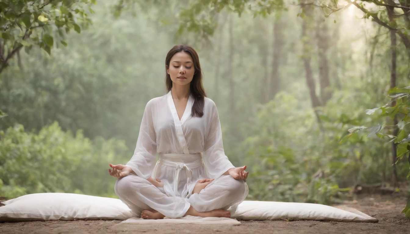 (Master Part:1.2),Best Quality,Phisif,daoist,(meditating:1.1), soio,Girl with big breasts in transparent pajamas ,Cross your legs and meditate, Sweating all over your body, cart,Transparent,RealityTied up with hair,In the woods