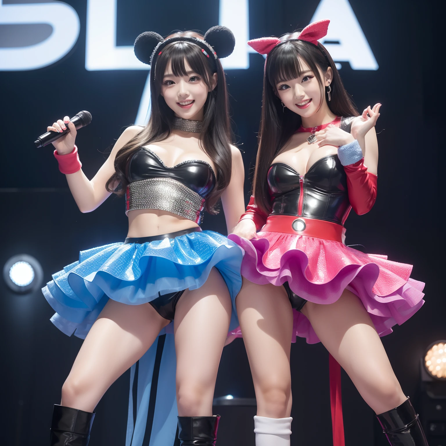 Female idol covered in magnets（Cute costumes）、Looks fun、full body Esbian、red and blue