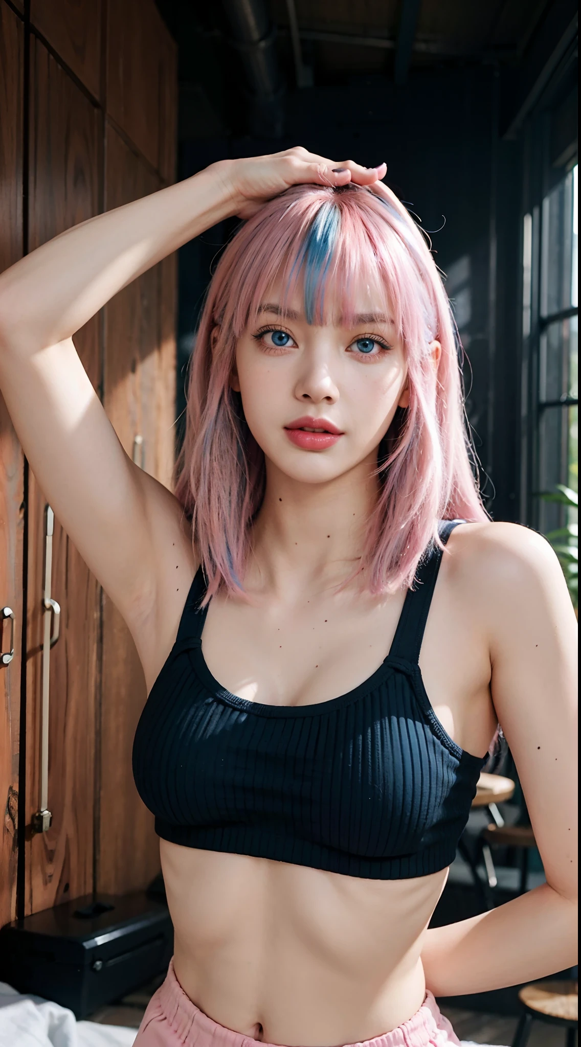 Best quality, masterpiece, super high resolution, multicolored hair (((blue and pink hair))), long hair, two moles under the eyes, gradient eyes, eyeballs, shyness, smile, evil, off-the-shoulder, character setting, chubby, plump body, showing armpit, arms up, spread legs, UHD, award-winning, bust, colourful hair, thin black tanktop, yoga shorts, ((blunt bangs)), (((blue eyes))), really beautiful face, super beautiful face