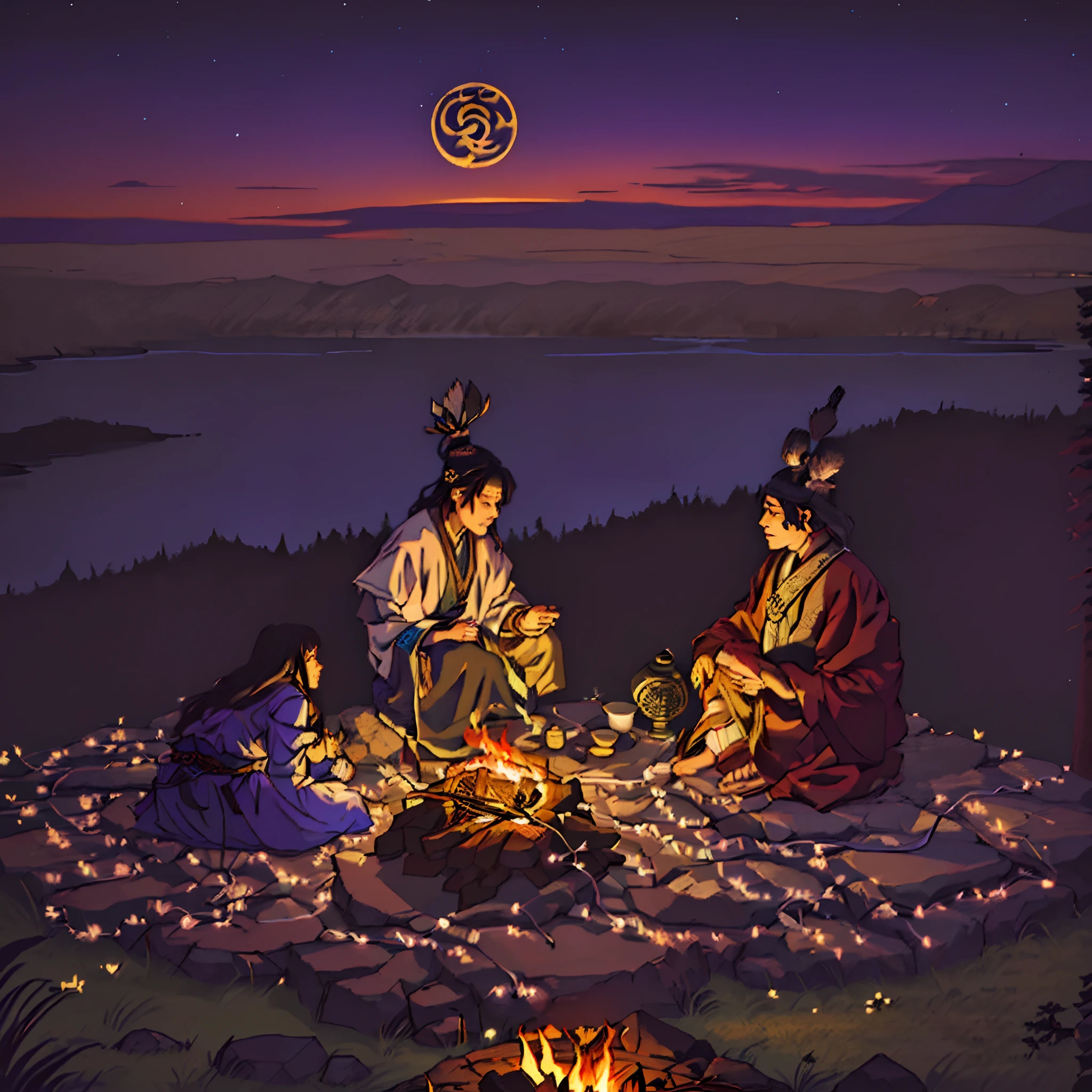 there are two people sitting on a rock with a campfire, shamanism, : native american shamen fantasy, korean mythology, tea ceremony scene, portrait shot, night time scene, 1 0 0 1 night, night setting, moonlight, shaman, tarot card enviroment, traditional art, story telling, promo image, ceremonial ritual, poster shot, nocturnal spiritual scene