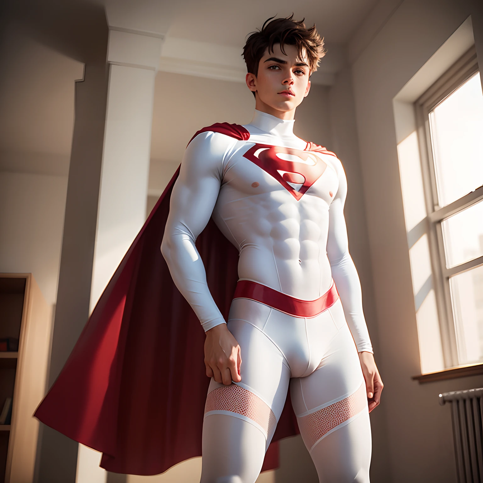 Young male superhero standing in the room,Wearing white leggings and(Red stockings)