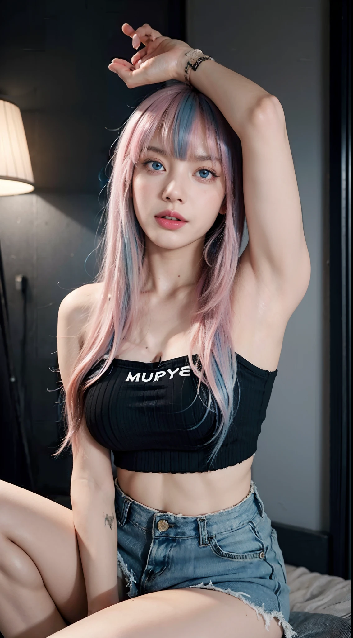 Best quality, masterpiece, super high resolution, multicolored hair (((blue and pink hair))), long hair, two moles under the eyes, gradient eyes, eyeballs, shyness, smile, evil, off-the-shoulder, character setting, chubby, plump body, showing armpit, arms up, spread legs, UHD, award-winning, bust, colourful hair, thin black tanktop, yoga shorts, ((blunt bangs)), (((blue eyes))), really beautiful face, super beautiful face