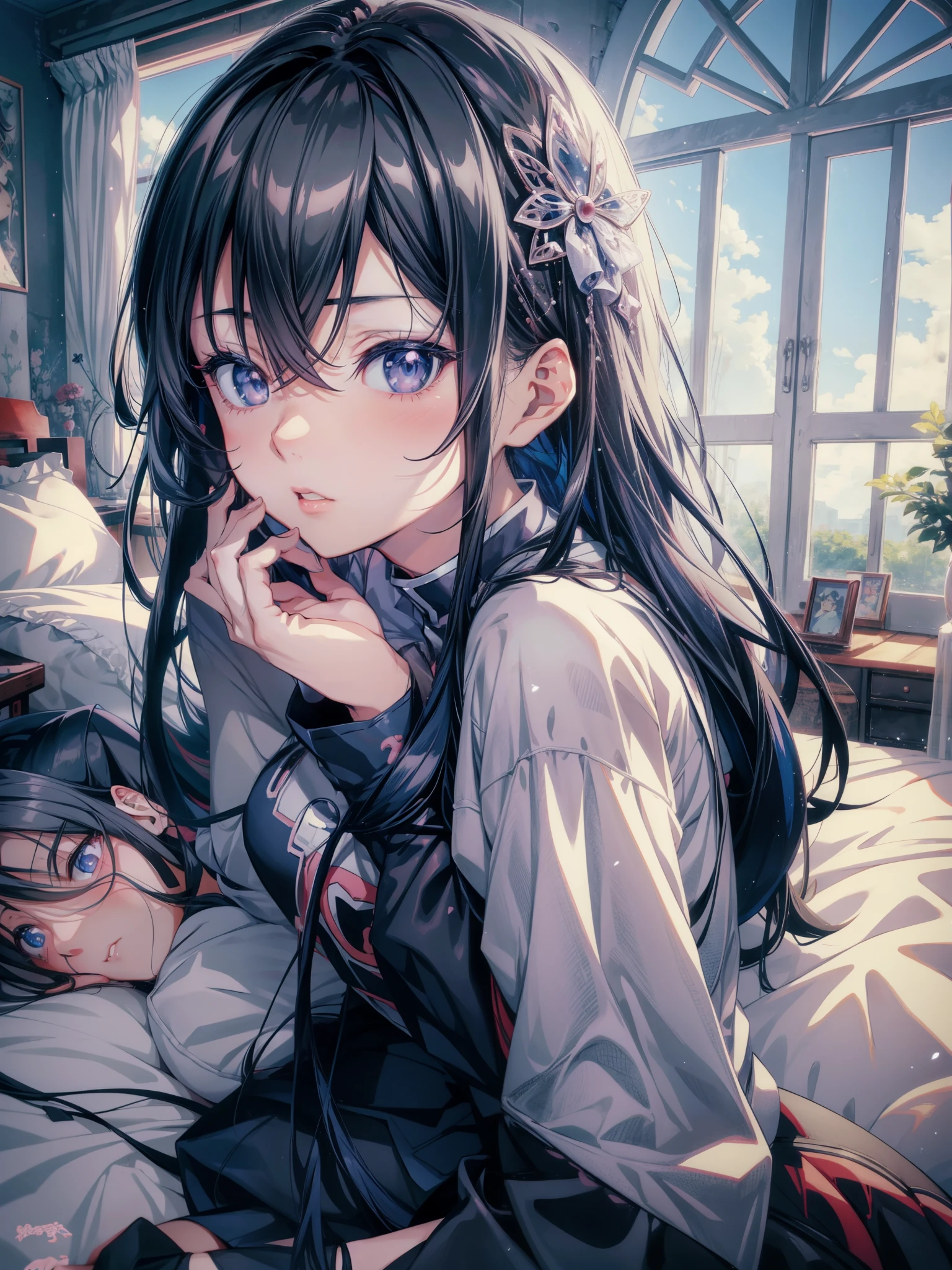 Anime girl sitting on bed with long black hair and blue eyes, anime style 4 k, Anime art wallpaper 8k, Beautiful Anime Portrait, anime art wallpaper 4k, anime art wallpaper 4k, anime moe art style, 4k anime wallpaper, Anime visuals of cute girls, anime wallpaper 4 k, anime wallpaper 4k, Beautiful anime girl, Portrait Anime Girl