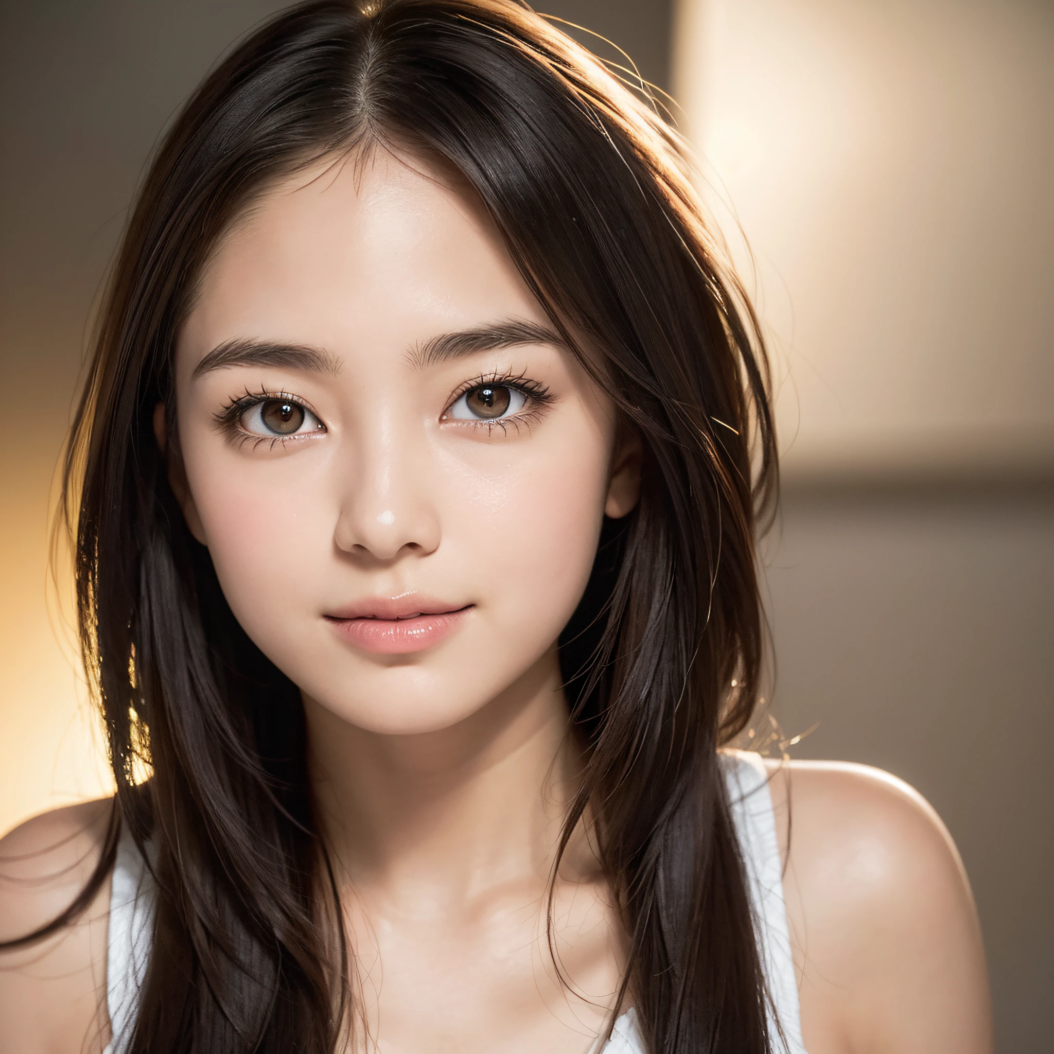 Highly detailed CG Unity 32k wallpaper, Realistic , photographrealistic , Raw photo , high-definition RAW color photography , professional photograpy , Best Quality , 超A high resolution , ultra-detailliert , official photo . Break sharp focus , detailed shadow , Soft lighting , Bokeh , bloom , Light from the front , Cinematic lighting , Light on Face , Beautiful lighting , Retro environment , Camera Flash , a polaroid photo , lo fi , Graded Tone , Film grain . adorable girl , kind , grateful , Seductive smile , Natural makeup , Beautiful eyes , Big eyes , Natural eyes . Thin eyebrows . Breaking small breasts . slim . Short stature . Beautiful skin . gleaming skin . Smooth skin . Natural Skin . Break POV . ((close up)) . (Beautiful face) .１a person、 Half body shot,extremely detailed cute girl,(20yr old)、
