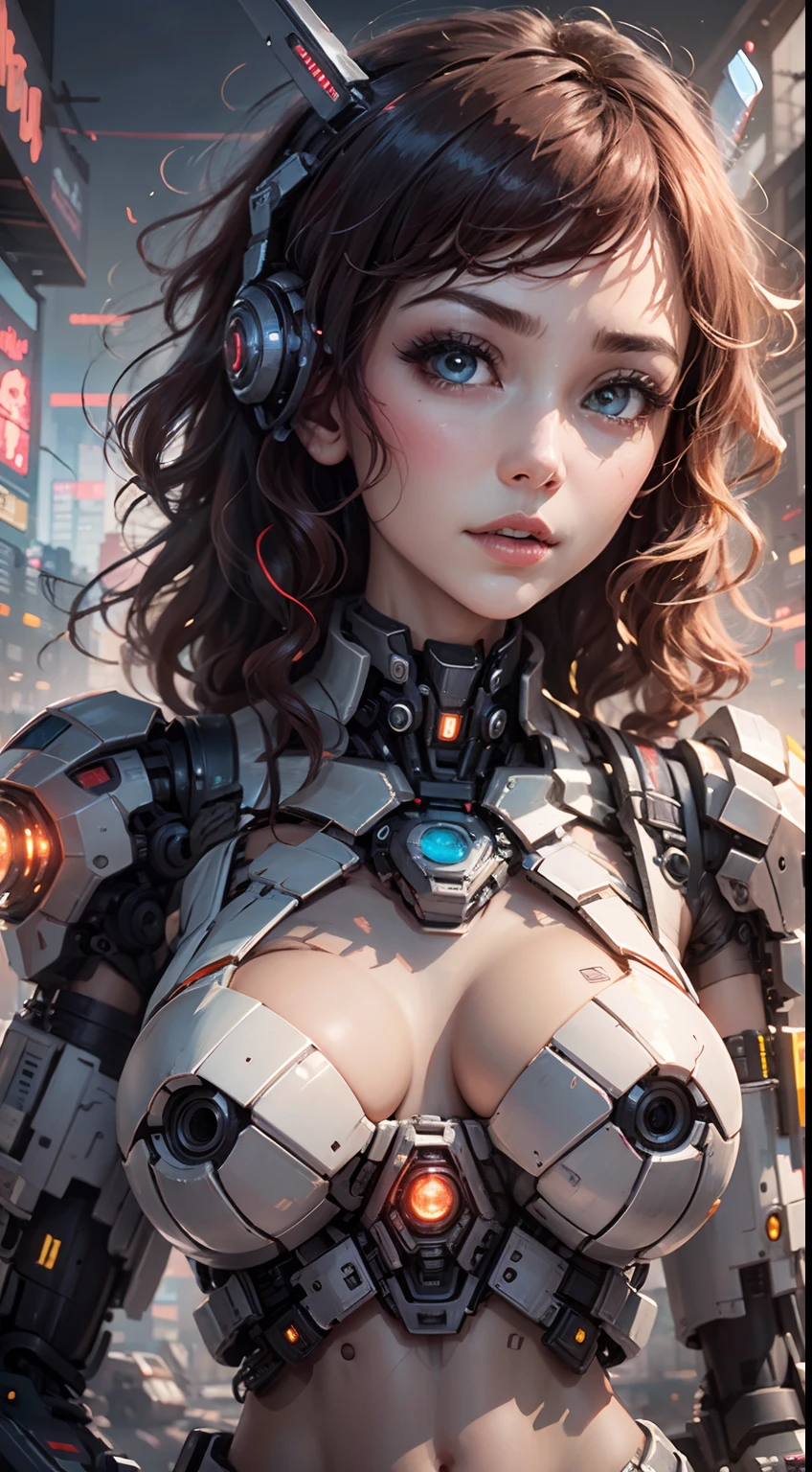 ((Masterpiece, Best Quality)), illustration, ultra-detailed 8K, realistic, sharp focus, highly detailed, professional lighting, colorful details, rainbow color breakage, factory super long lens, large mechanical robot structure, microchip, computer, luminescence, intricate details, shitu-mecha, 1girl, wearing mecha, navel, color picture, glow, (cyberpunk)