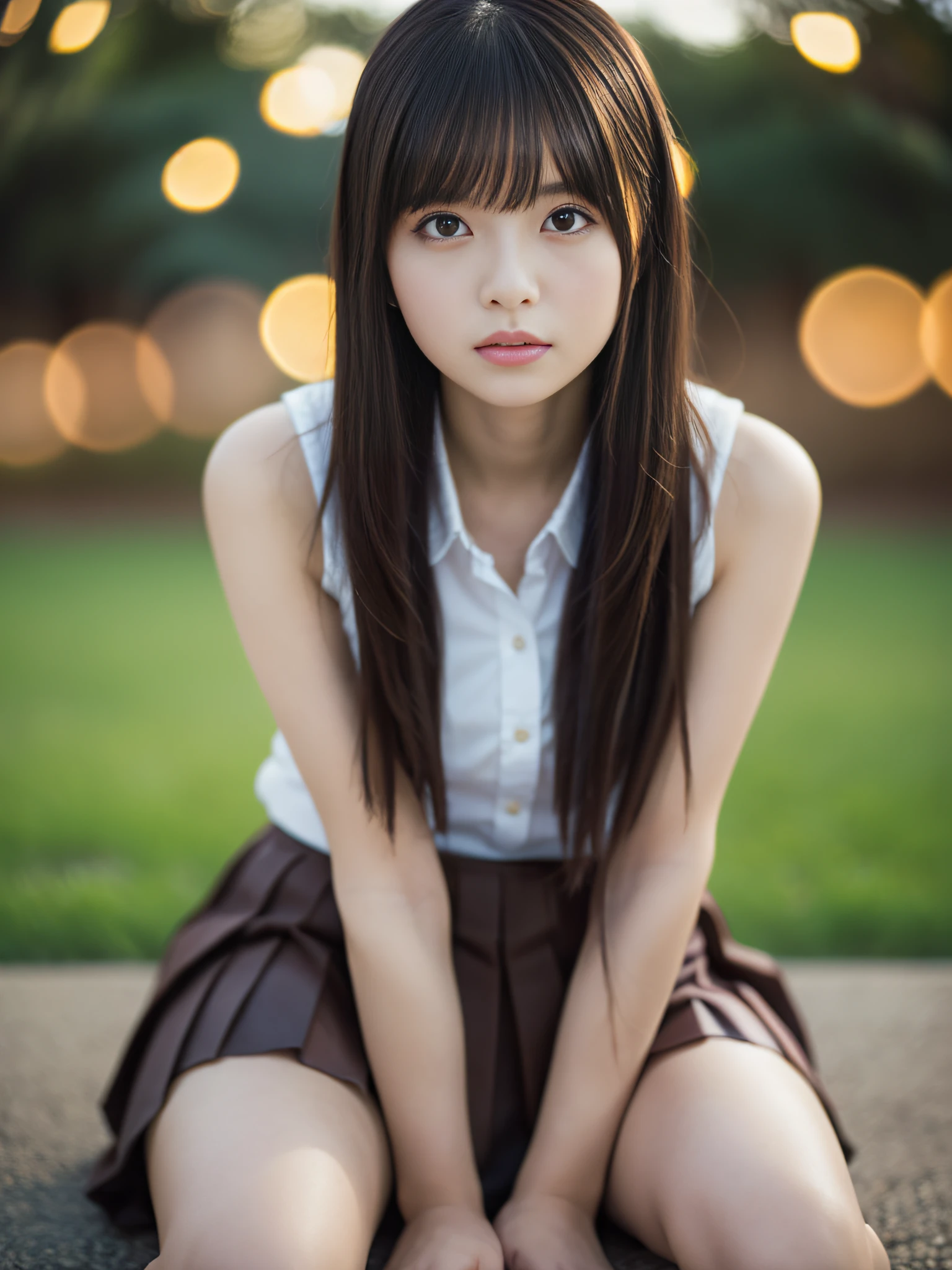 1young girls, Extremely beautiful, (Extremely cute), (extremely detailed beautiful face), Amazing face and eyes, A dark-haired, Brown eyes, drooing eyes、no-makeup、(Pleated mini-skirt:1.3) , Sleeveless、(Best Quality:1.4), (Ultra-detailed), extremely detailed CG unified 8k wallpaper, A hyper-realistic, (Photorealsitic:1.3), RAW Photography, professional photograpy, Cinematic lighting, Realistic portrait, Sitting, (Spread your legs wide), (:1.3), ((Bokeh)), depth of fields, View from below、Looking here、school ground、17 age、After school、a park