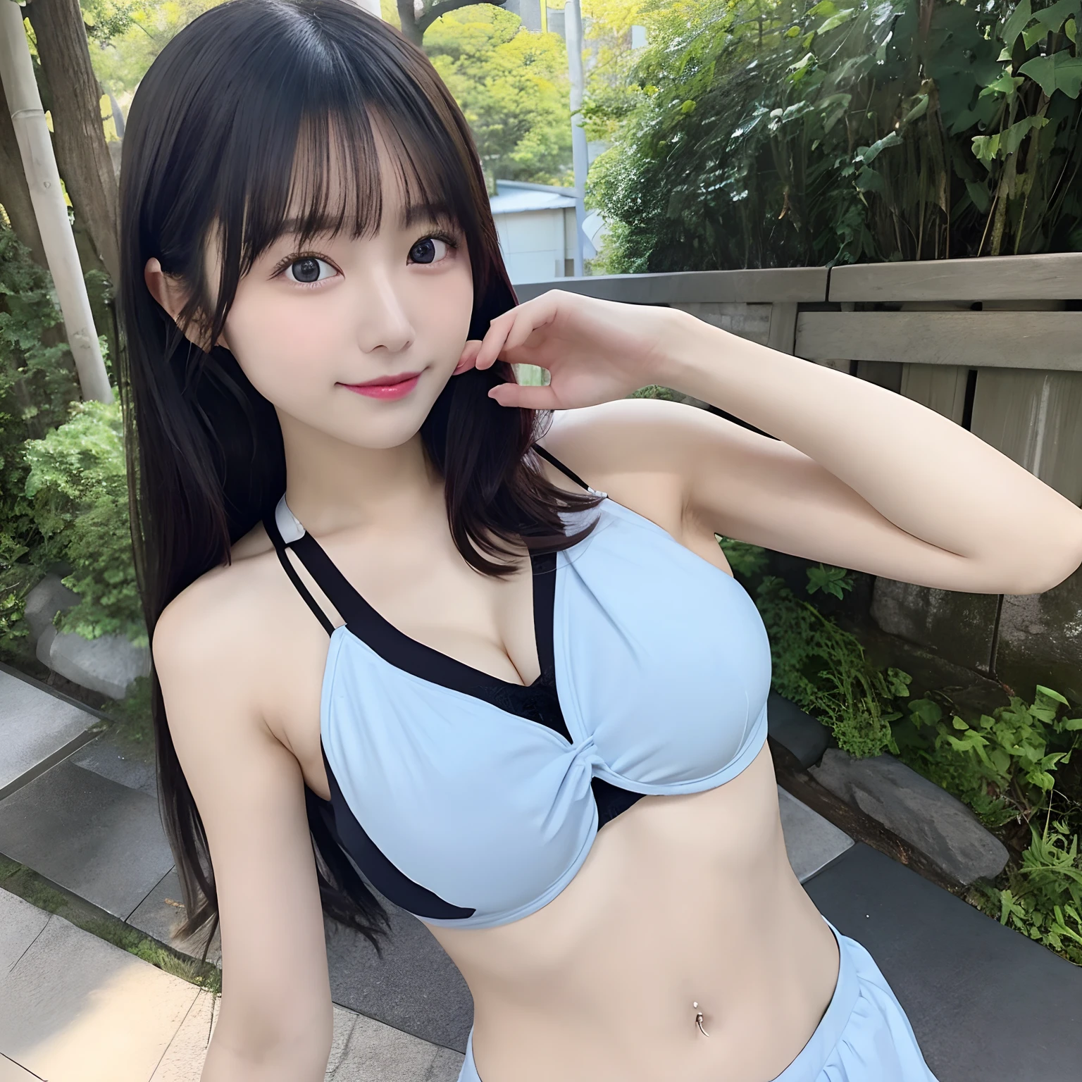 (Best quality, 8k, masterpiece: 1.3), a Pretty Girl with perfect figure: 1.4, (high-school , teens), black hair, (blunt bangs:1.2), bikini, in the pool, highly detailed face and skin, detailed eyes, double eyelids, very small breasts, smile