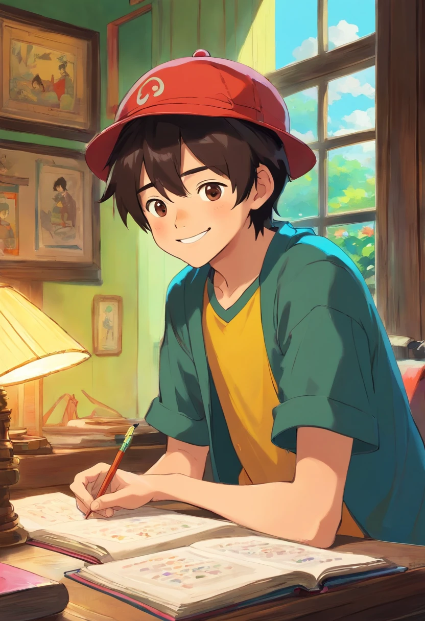 Lingling boy, smiling, with colorful animated stills, in a quiet room, with dark hair, doing homework by the window, with his back facing the audience Paul Gauguin, in a Parker hat style, honest portrayal,