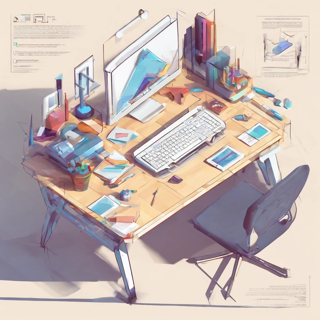 a working desk with many designer tools, a creative desk, and a technology element, there is a PC book sketches blueprint