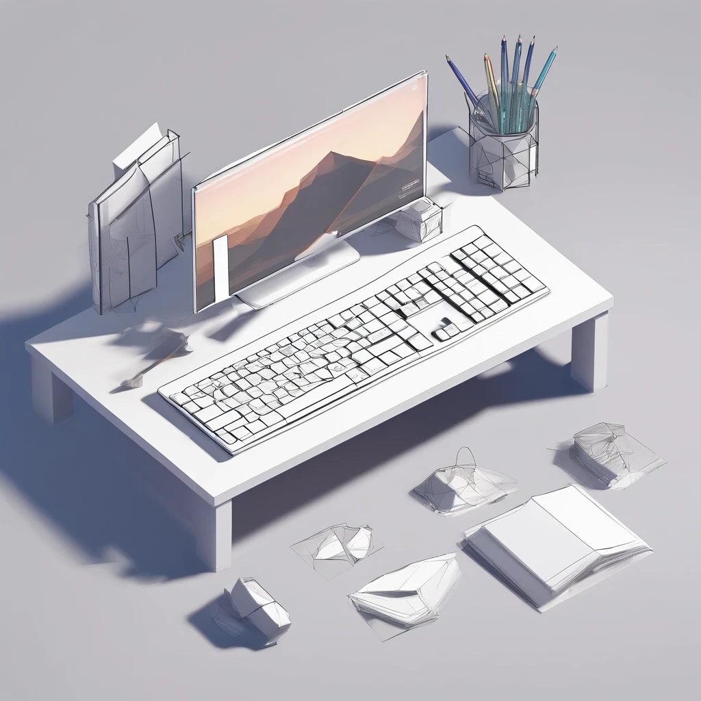 a working desk with many designer tools, a creative desk, and a technology element, there is a PC book sketches blueprint