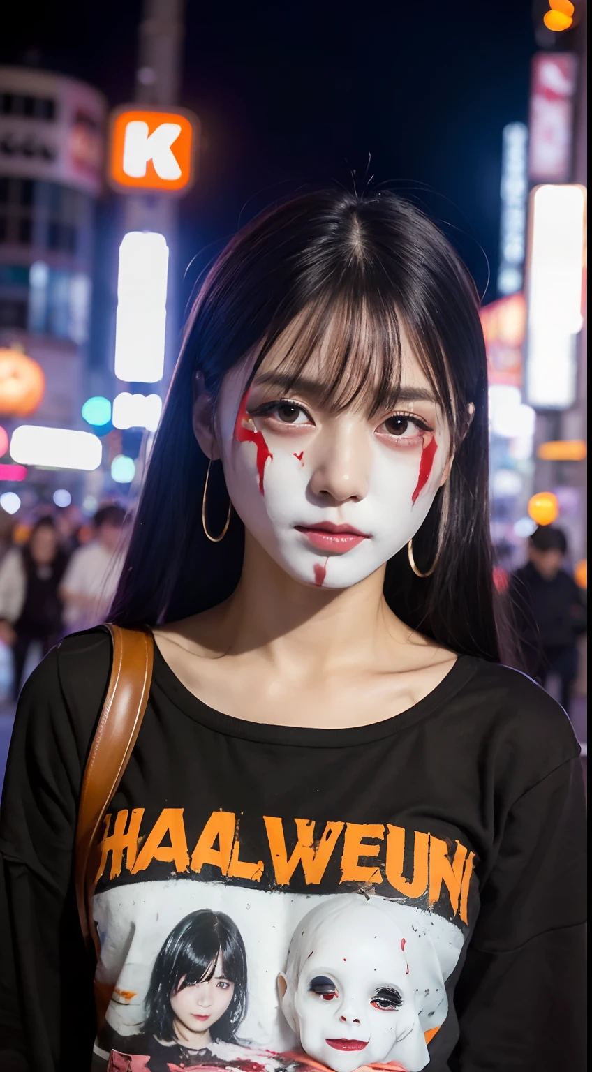 ((top-quality、8K、masterpiece:1.3))、Photorealsitic, foco nítido, high-level image quality, hight resolution, Portrait, Solo, japanes, Beautie,Bloody face, Woman with blood on her face, Spicy face, Tattered and torn clothes, stained clothes, 20 Age, (a small face:1.3), Smaller chest, In the city of Halloween, Shibuya,Shibuya Scramble Crossing, natta, neons,