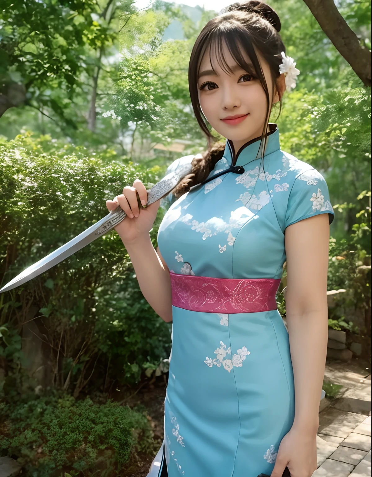 a smile、Hold the sword、qipao dress