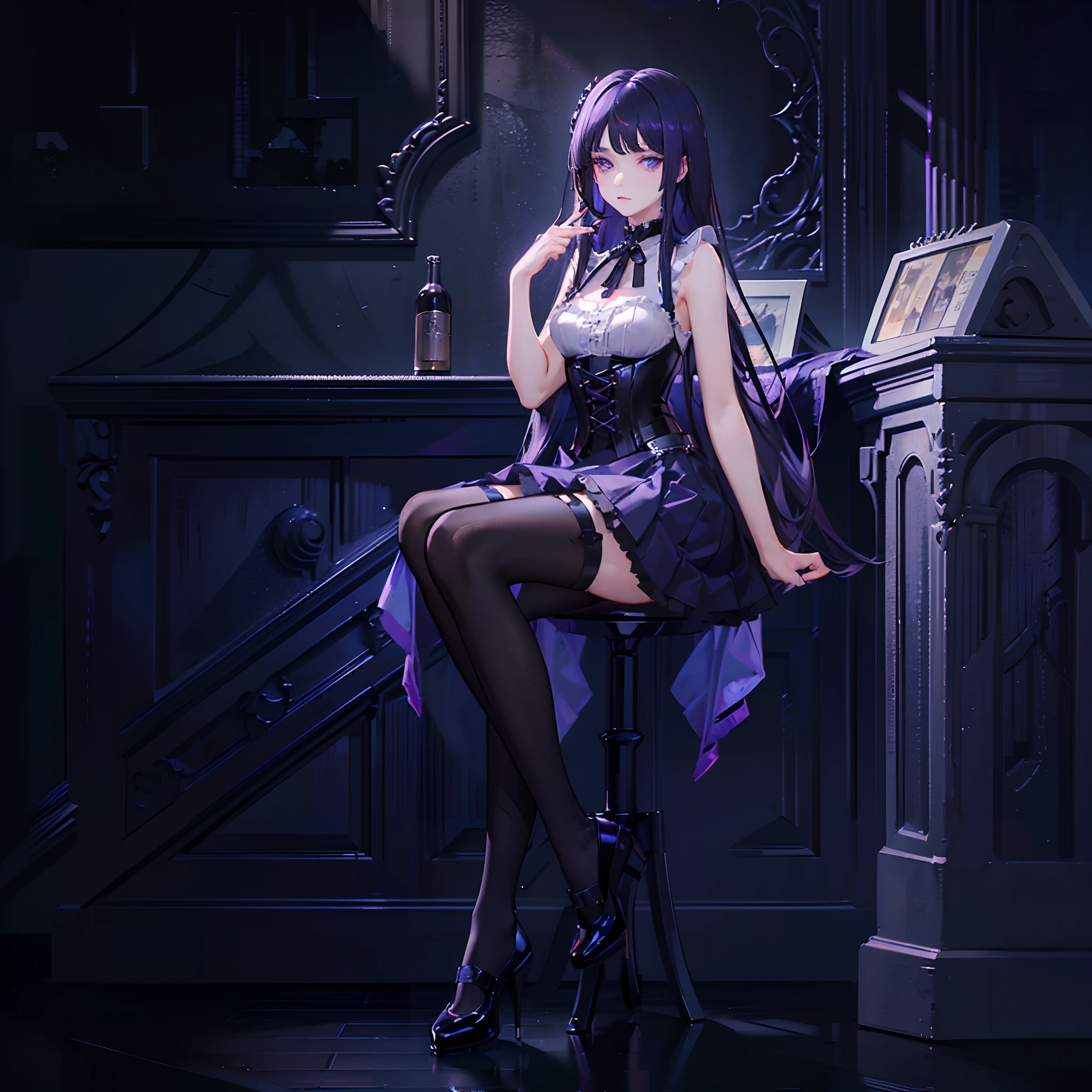 1girl, (grey skin, purple skin:1.4), dark skin, (oni, oni horns), sitting, relaxed, demon girl, (long black hair, cute hairstyle, messy hair), lots of hair, (large eyes, glowing eyes, purple eyes), (slit pupils), lithe, thin, sinuous, (toned body, strong, fit), sweaty, sweat, wild, lewd, sadistic expression, evil grin, cruel, small hands, small feet, iron collar, iron shackles, aroused, feral, full body, dynamic, (inhuman, femdom), bangles, exotic, fantasy species, sorceress dress, sexy one-piece, silk, (fangs), (medieval fantasy, cozy home, comfortable room, indoors, late night, night:1.4, warm atmosphere, luxurious hearth, deep shadows, rich wood, adventurer's home), (best quality:1.2, sharp clarity, great skin detail, photorealistic, detailed features, magical realism), analog style, raw photograph, feet, toes, barefoot, from below, FanInt, 0n1, herzhax, short eyebrows, pickle eyebrows, cut3h0rnstyl3, fantasy, tree, Medieval fantasy world, Moonlight at night, Night scene