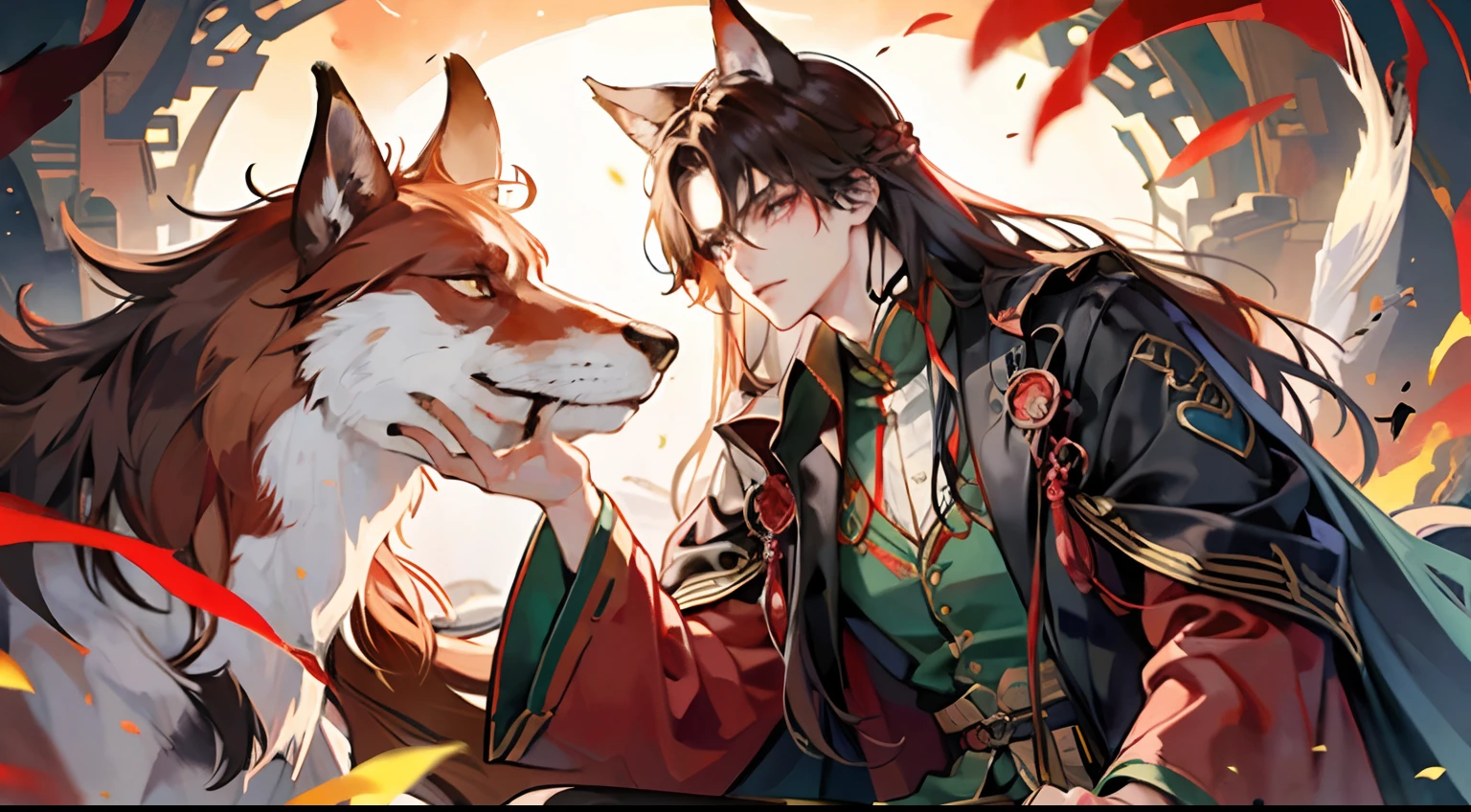 tmasterpiece,Need,A man,China-style,Chinese Ancient Times,whaite hair,dishiveredhair,long whitr hair,with long bangs,Handsome,virile,gentleness,large tall,A tranquil,Red robe,exteriors,cloaks,High hills,nevando, Young men,Quaint,tmasterpiece,Need,Leprechaun,red fox,Animal ears,Handsome guy,brunette,Long hair,Hair is scattered,Dark Hanfu,Cool handsome