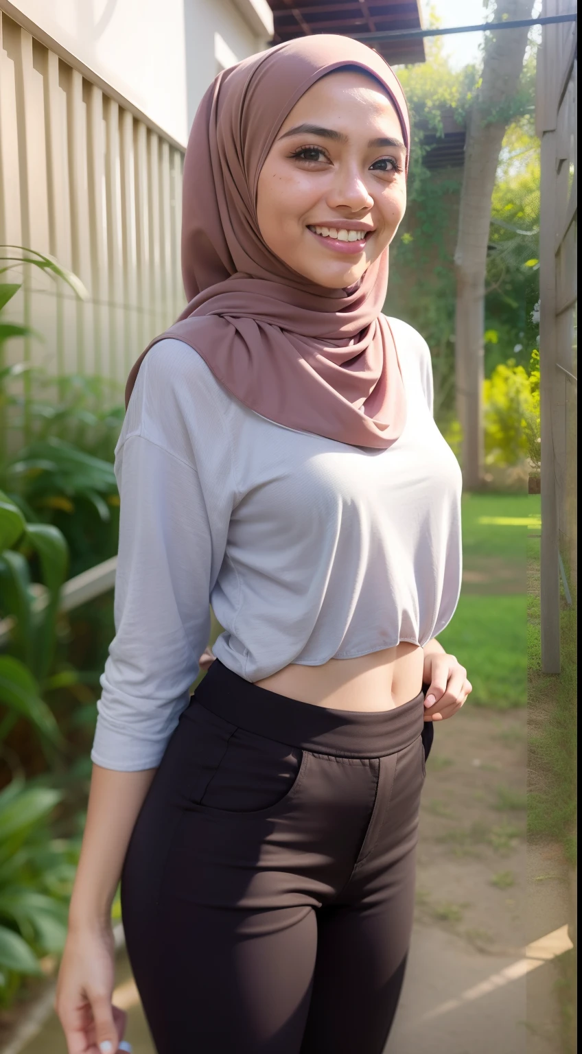 Malay girl in hijab wear big oversized loose white T-Shirt and high waist pants in soccer field, watching soccer, wear back pack, front view, detail skin, detail skin texture, mole below eyes, small breast, big hip, big waist, big thigh, slim abs, beautiful body, evening, laughing, happy, bright lighting, blur background, bokeh,