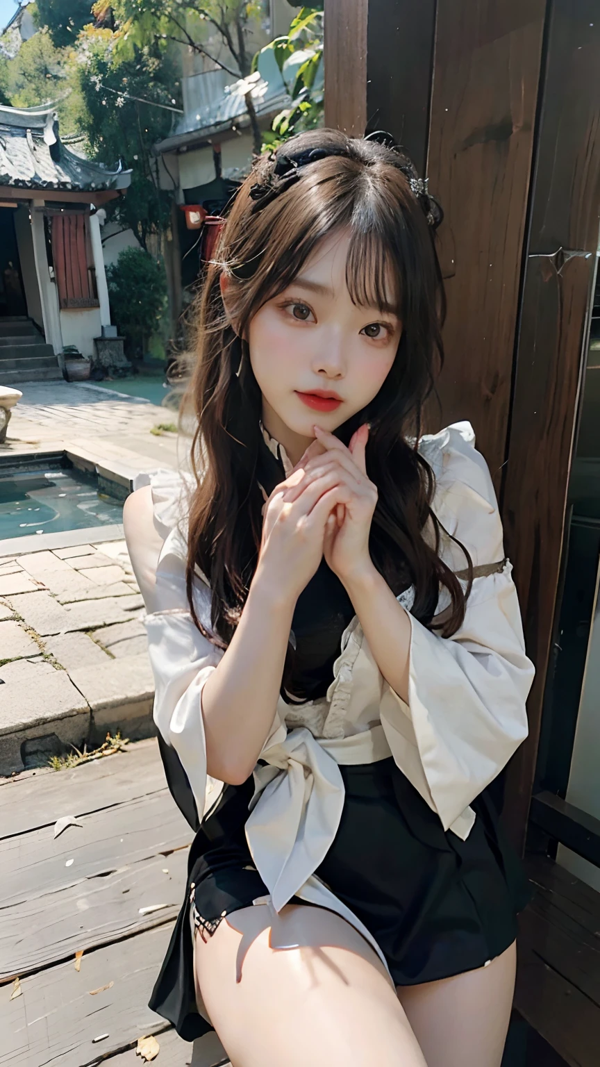 beautiful a girl、high-level image quality、Like a shot with an SLR、Sensual body、chinese clothes、Making a slit in the clothes of the thigh、Painting a work of art depicting a woman in a traditional cheongsam、Gothic lolita、Niso、knee sox、Absolute area、a miniskirt、skirt by the、maid clothes、autumnal、Autumn clothes