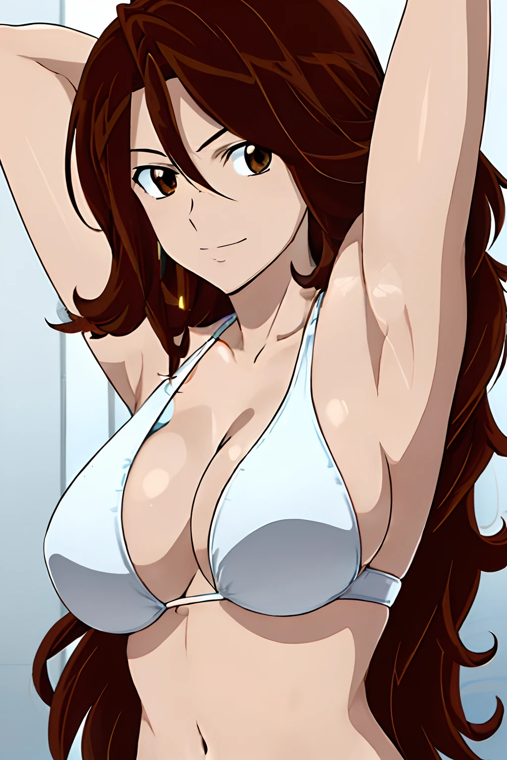 Selfie shot, detailed face, upper body view, detailed body, 4k, Sumergai Lee Noriega, best quality, anime style, hires, highest definition, digital blending, bold drawing lines, ((), (slender body), mature woman, (female wrestler, white wrestling bikini, biceps), cheerful, gorgeous, smile, (closed mouth), (pale skin, shiny skin, lighting and shadow), (cleavage), (strong arms, clean face), (hands on hips), (brown hair, curly hair, long hair), 27 years old, sexy
