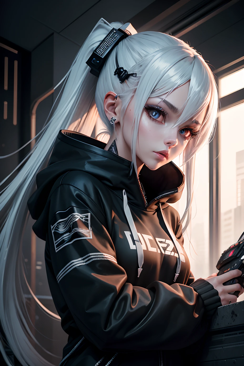 cyber punk style, Casual hoodie, long whitr hair, Danfeng Eyes, black and white manga style，Industrial punk style，Mechanical prosthesis，head portrait，ethnic dress，whaite hair，high ponytails，Mechanization of the face，Postural stretching