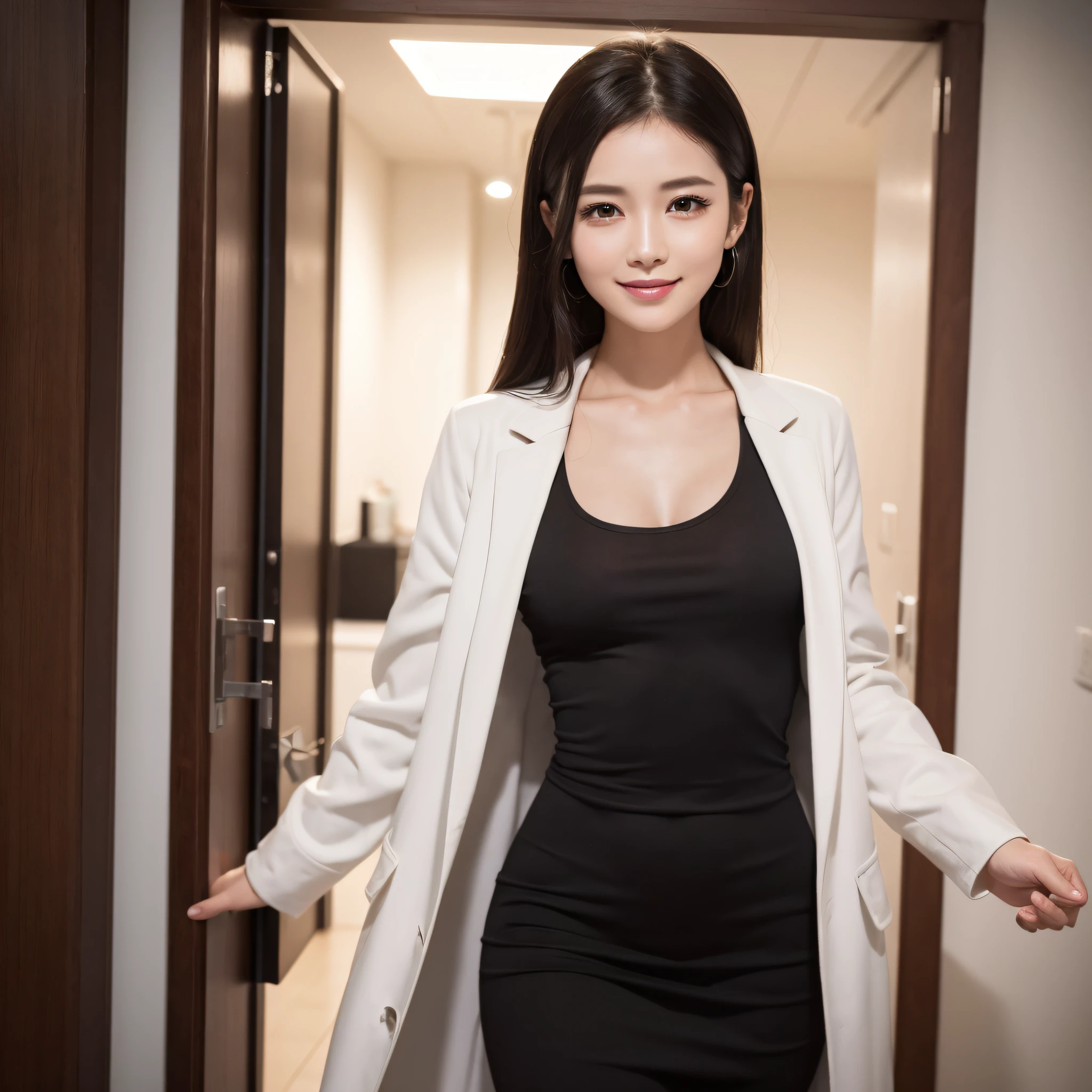 One Nurse Woman、((best qualtiy、8k masterpieces:1.3))、foco nítido:1.2、(ultra beautiful faces:1.0)、(shinny skin:1.0)、photos realistic、A dark-haired、Video Lighting、High-definition eyes and face、Video Lighting、Japan Idol Actress、from the front side、medium breasts、Smile、Slender Abs Beauty、Whole body、Wearing a white coat