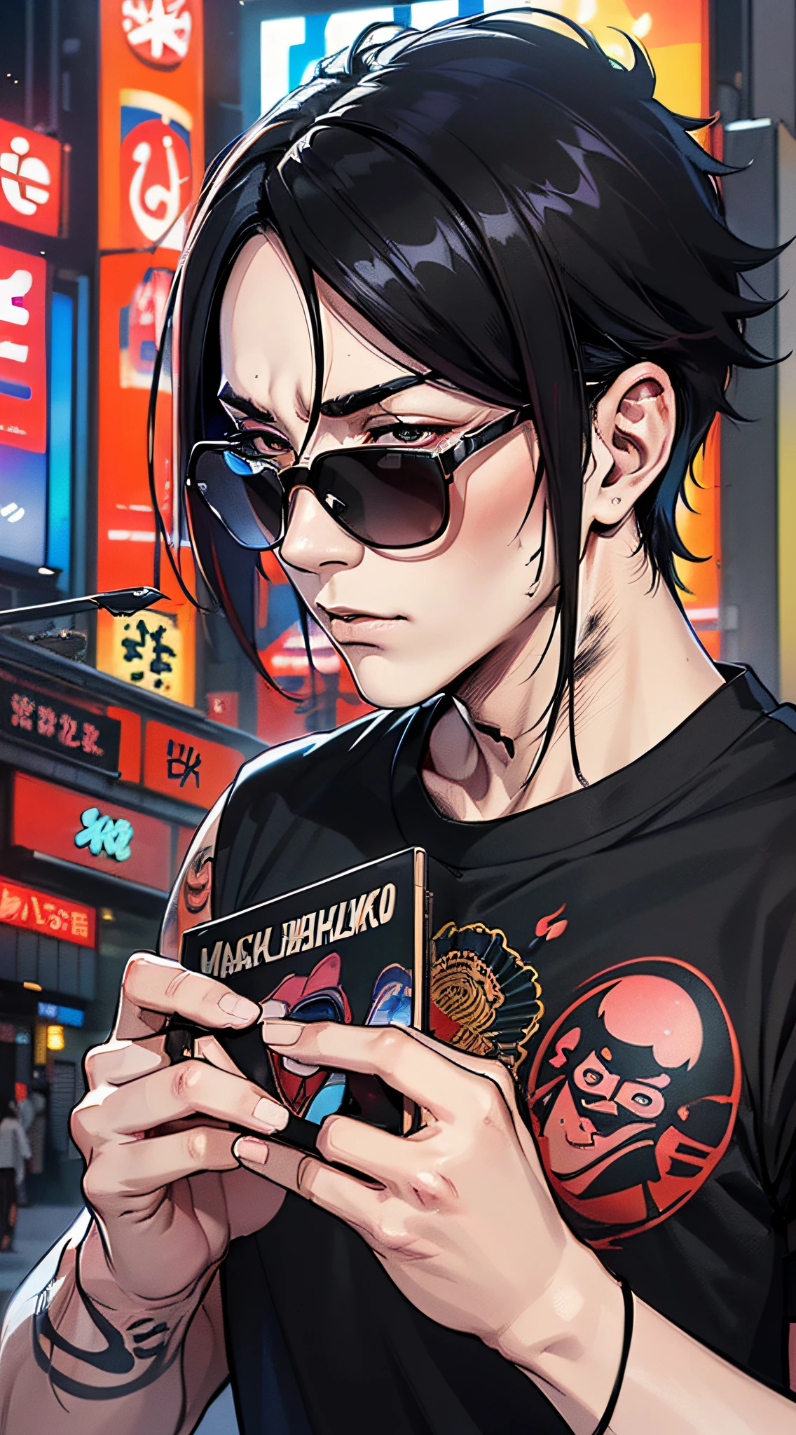 top-quality、Top image quality、masterpiece、male people((25-years old、 well-muscled、Black short-sleeved T-shirt、Long black trousers、A dark-haired、Scars on the face、Tattoo on the shoulder、Black sunglasses、The Face of Kabuki、Holding a Japan sword、Bubblegum))hiquality、Beautiful Art、Background with((Shinjuku、Kabukicho、Mashakuza))、masutepiece、Elaborate design、visualart