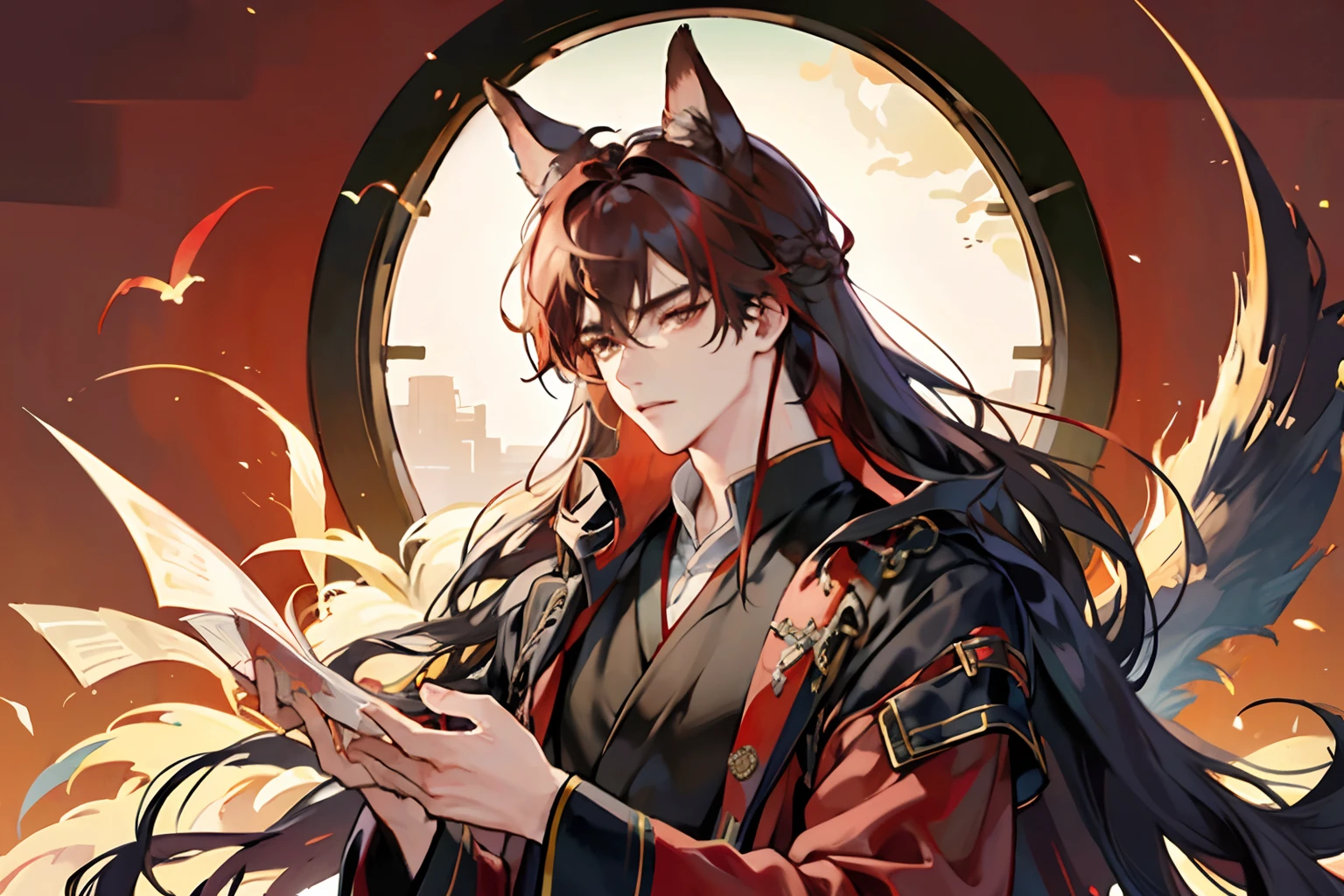 tmasterpiece，Need，A man，China-style，Chinese Ancient Times，whaite hair，dishiveredhair，long whitr hair，with long bangs，Handsome，virile，gentleness，large tall，A tranquil，Red robe，exteriors，cloaks，High hills，nevando， Young men，ancientry，​masterpiece，Need，A leprechaun，red fox，Animal ears，Handsome guy，brunette，Long hair，Hair is scattered，Dark Hanfu，Cool handsome，Beautie