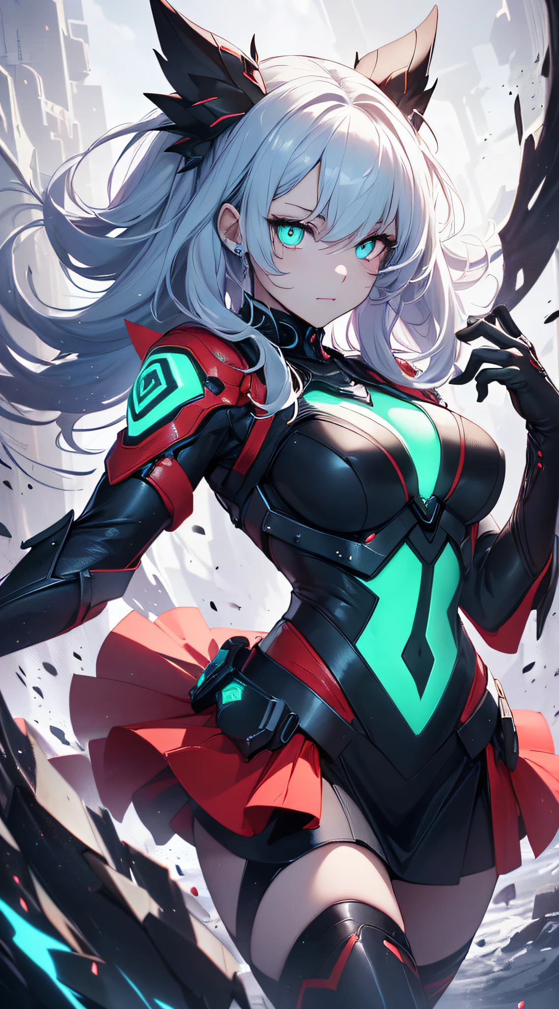top-quality、Top image quality、masterpiece、Android Girl((, Cybersuit glowing in black, red and white、Blue energy source for the chest,Best Bust、Bust 90、Light blue light hair、Longhaire,Cyber Skirt、Blue-green eyes、open chest wide、Valley、Happiness、A slender、Mysterious face、Drifting in the air,Particles of light、Sharp claw arm,battered body、mid air、Glowing eyes、Hold out your hands))hiquality、Beautiful Art、Background with((mistic、Fantastic Universe))、masutepiece、Elaborate design、visualart、Theatrical films