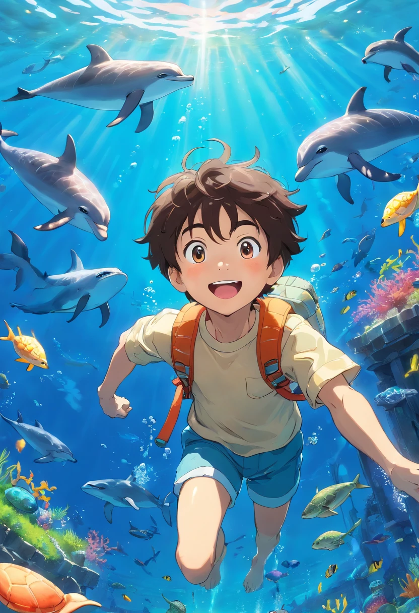 (a young boy,diving,swimming equipment),ocean,beautiful fishes,(best quality,4k,highres,masterpiece:1.2),ultra-detailed,(realistic,photorealistic:1.37),underwater,scuba diving,clear water,coral reef,colorful,fish,(bright colors,vibrant colors),sunlight,seabed,adventure,exploration,wildlife,discovery,joy,curiosity,amazing,summer vacation