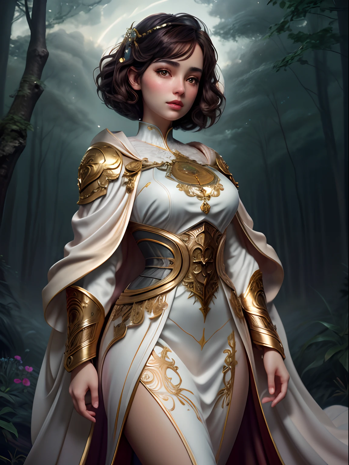 beautiful female, detailed illustration, cute, fantasy, intricate, concept art, smooth, sharp focus, proportionate features, silky hair, stylish clothing, symmetry, majestic scene, pastels, In the dark woods, there is a Pretty lady, beautifully rendered, 4K, 8K, pretty, arm wrappings, walking on the clouds, robe like fabric, art, painting, digital art, Looking at viewer, modest, celestial robes, short hair, adorable woman's face, rosey cheeks, Soft features, half-body view, detailed, brunette hair, pretty woman, cinematic lighting, celestial design, highly detailed, digital painting, smooth, sharp focus, clouds behind, by Tom Bagshaw, by artgerm, by Loish