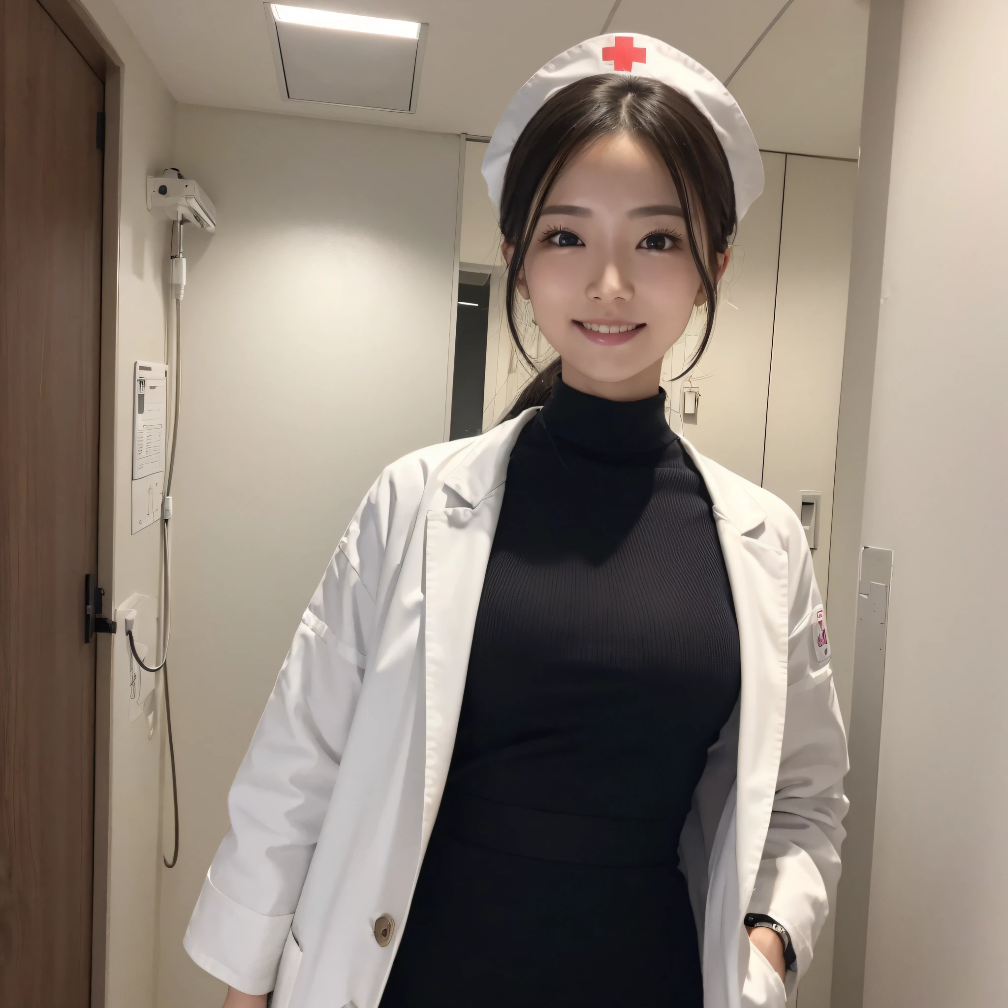 One Nurse Woman、((best qualtiy、8k masterpieces:1.3))、foco nítido:1.2、(ultra beautiful faces:1.0)、(shinny skin:1.0)、photos realistic、A dark-haired、Video Lighting、High-definition eyes and face、Video Lighting、Japan Idol Actress、from the front side、medium breasts、Smile、Slender Abs Beauty、Whole body、Wearing a white coat、at hospital