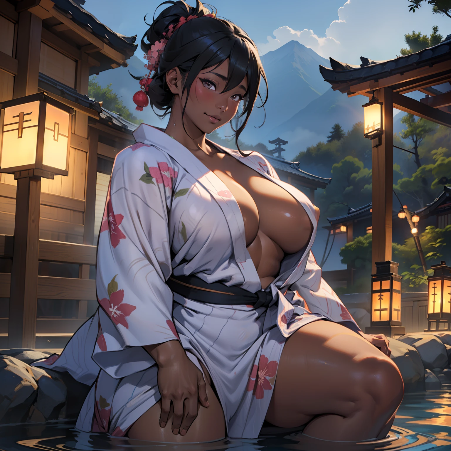 there is woman that is in onsen,(((A MILF: 1.4))), (Curvy:1.35),(((Dark skin))),Curvy physique,, Thick body,((big nipple)),((Completely naked)), (((yukata untied))),((Transparent yukata)),(open legs),((pubic hair)), high-end onsen, Onsen, sakimichan, model in Japan,((Sexual suggestiveness)),