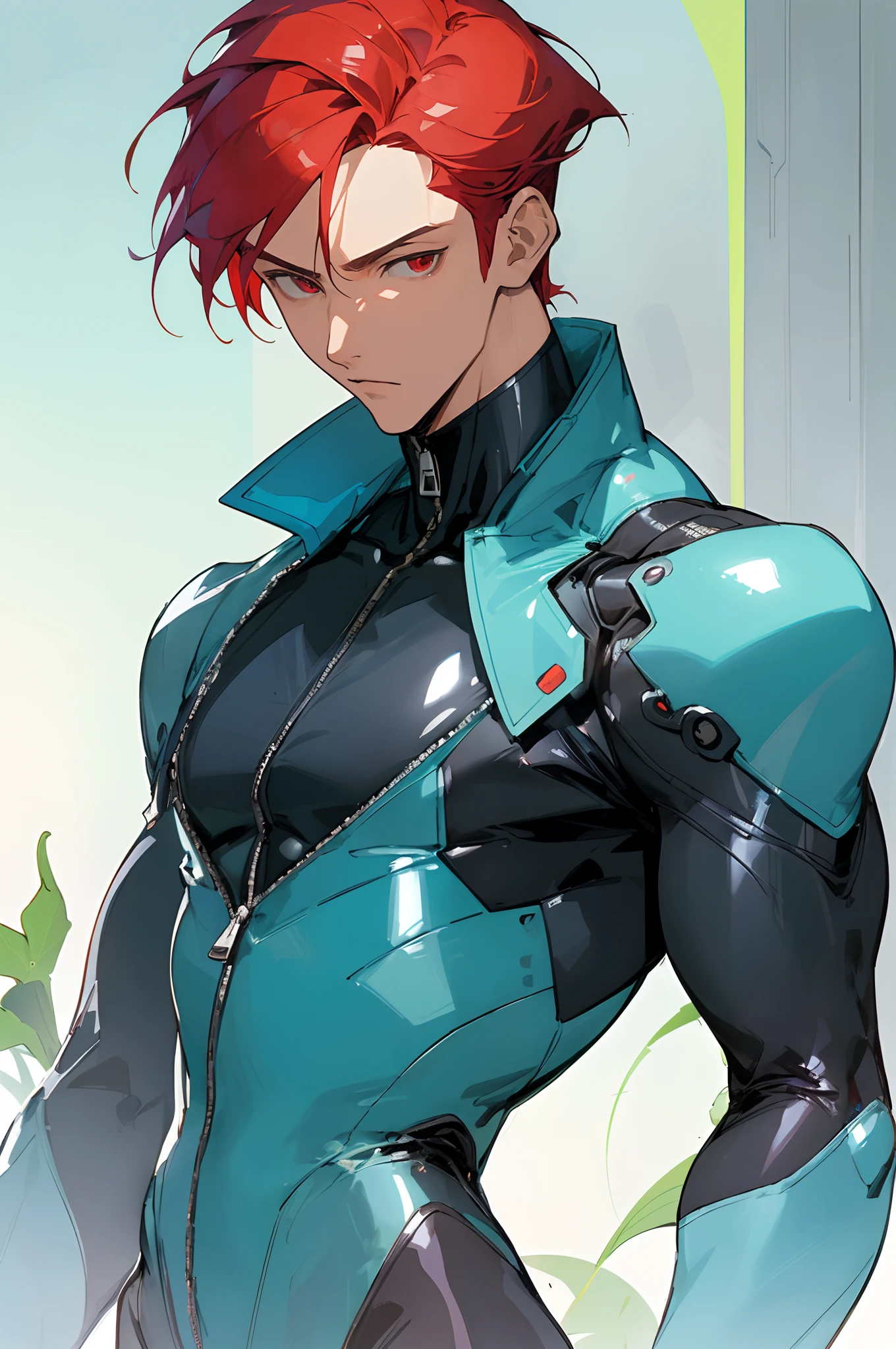 (masterpiece, best quality) detailed, 1Character , blue archive art style , wearing Black bodysuit, blue accents , zip up , futuristic, shiny , Handsome man , red hair , very Short hair, ((Ivy League Haircut:1)) , red eyes , light skin , ((muscular:1)),masculine ,age 33,

 , pastel washed out colors , cell shade ,