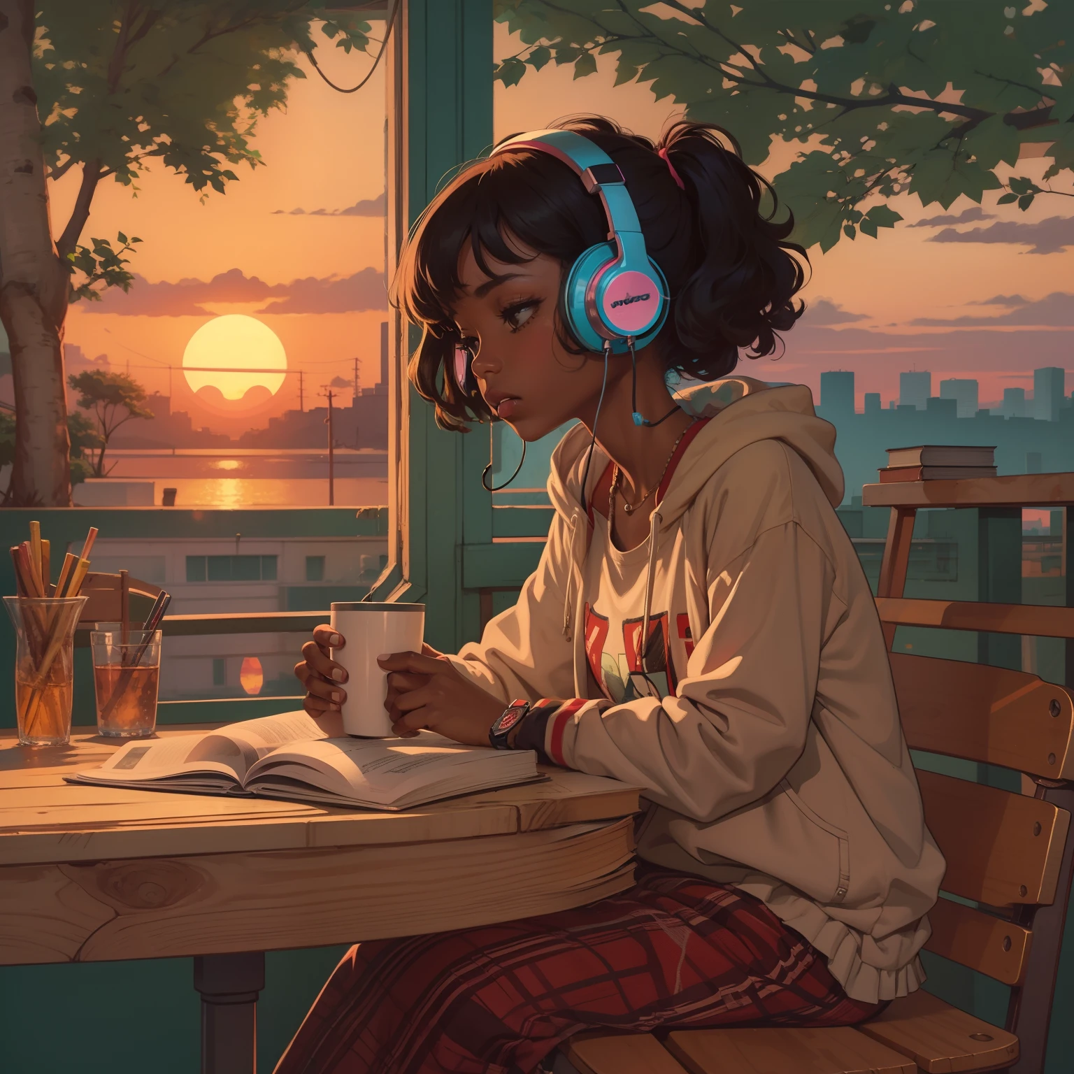 1woman, solo, sitting at a table with headphones, sunset, African American, a book, lofi girl, lofi art, lofi art style, lofi feel, lofi portrait, lofi colors, lofi, lo-fi art, lofi vibes, lofi vibe, lofi hip hop, satoshi kon artstyle, lofi girl aesthetic