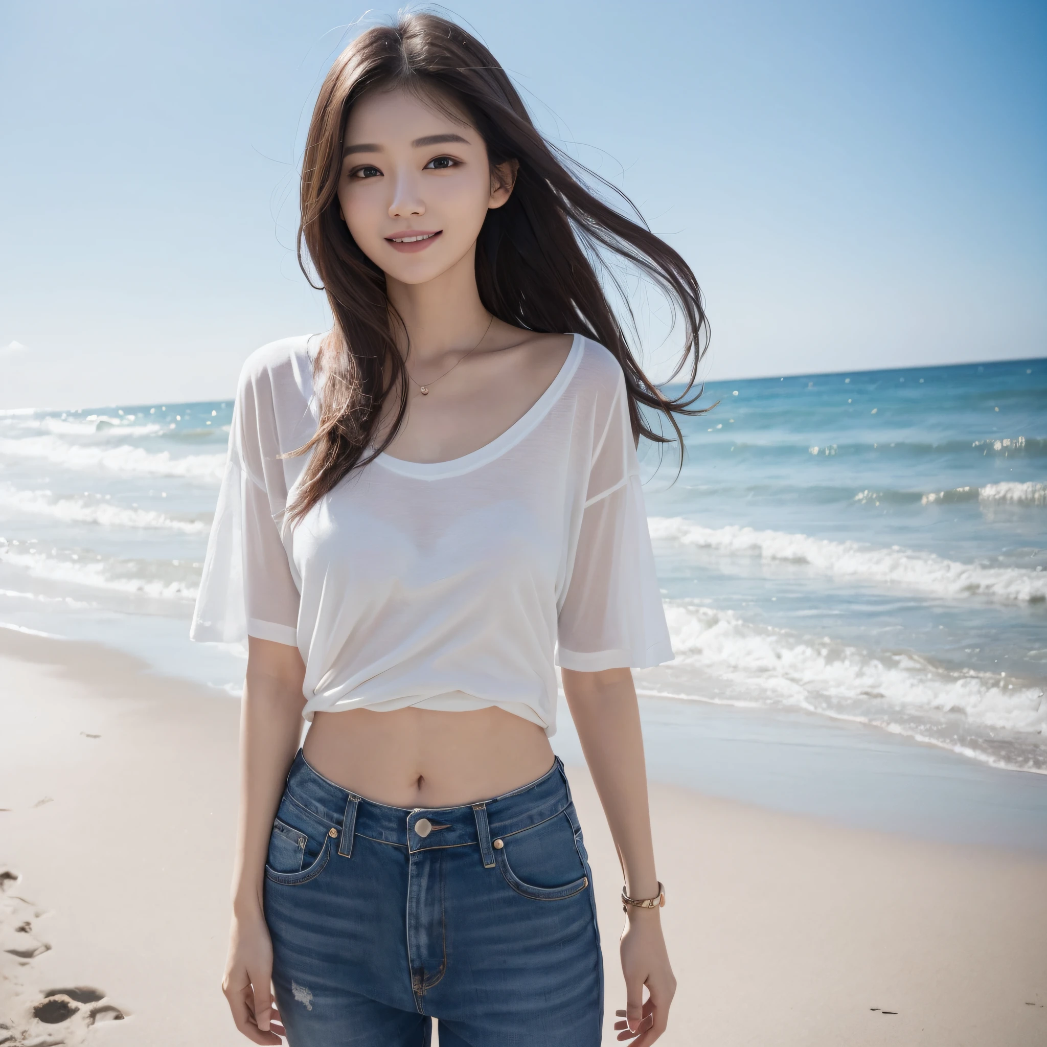 One lady、((best qualtiy、8k masterpieces:1.3))、foco nítido:1.2、(ultra beautiful faces:1.0)、(shinny skin:1.0)、photos realistic、A dark-haired、Video Lighting、High-definition eyes and face、Video Lighting、(Korean Cute Actress)、from the front side、medium breasts、Smile、Slender Abs Beauty、Whole body、wearing t-shirts、On the beach in the morning