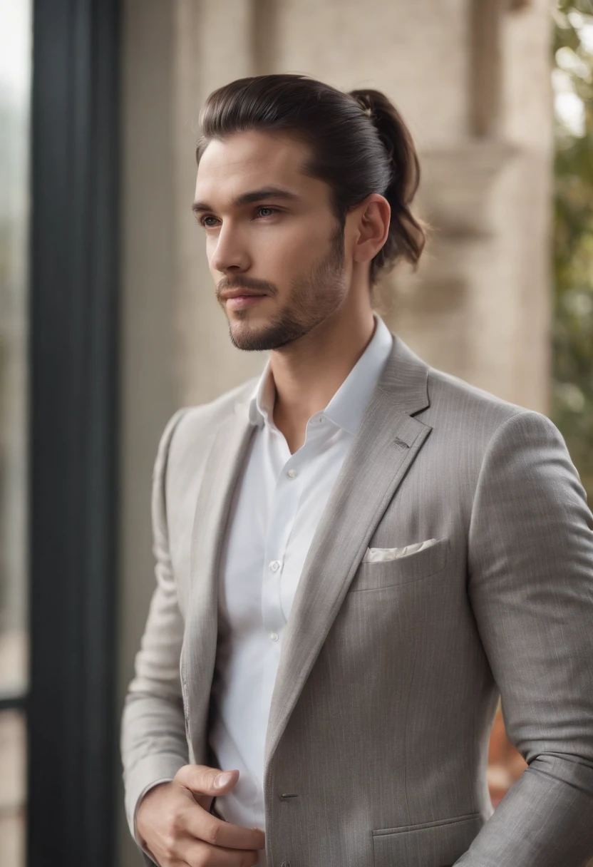 character standing with arm straight, dark hair (neck length hair tied in a ponytail), nice pose, handsome man, pretty face, Caucasian, Indian face with beard, royal elegant pose, business man, (in a striped blazer), (The surrounding environment is a luxurious and classic living room) (sand-tone image)