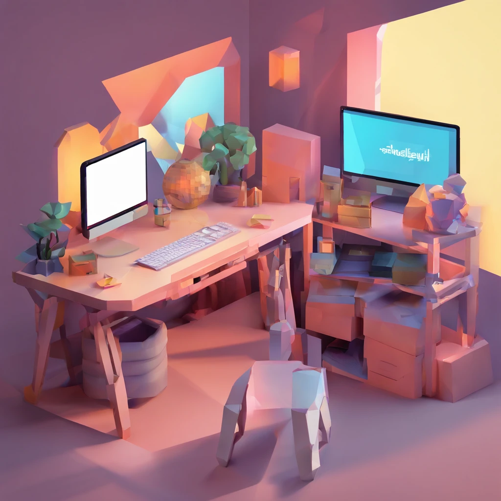 a working desk with pc, designer tools, and some toys, the screen on the PC displays mobile apps,  make the style more futuristic but keeping it simple