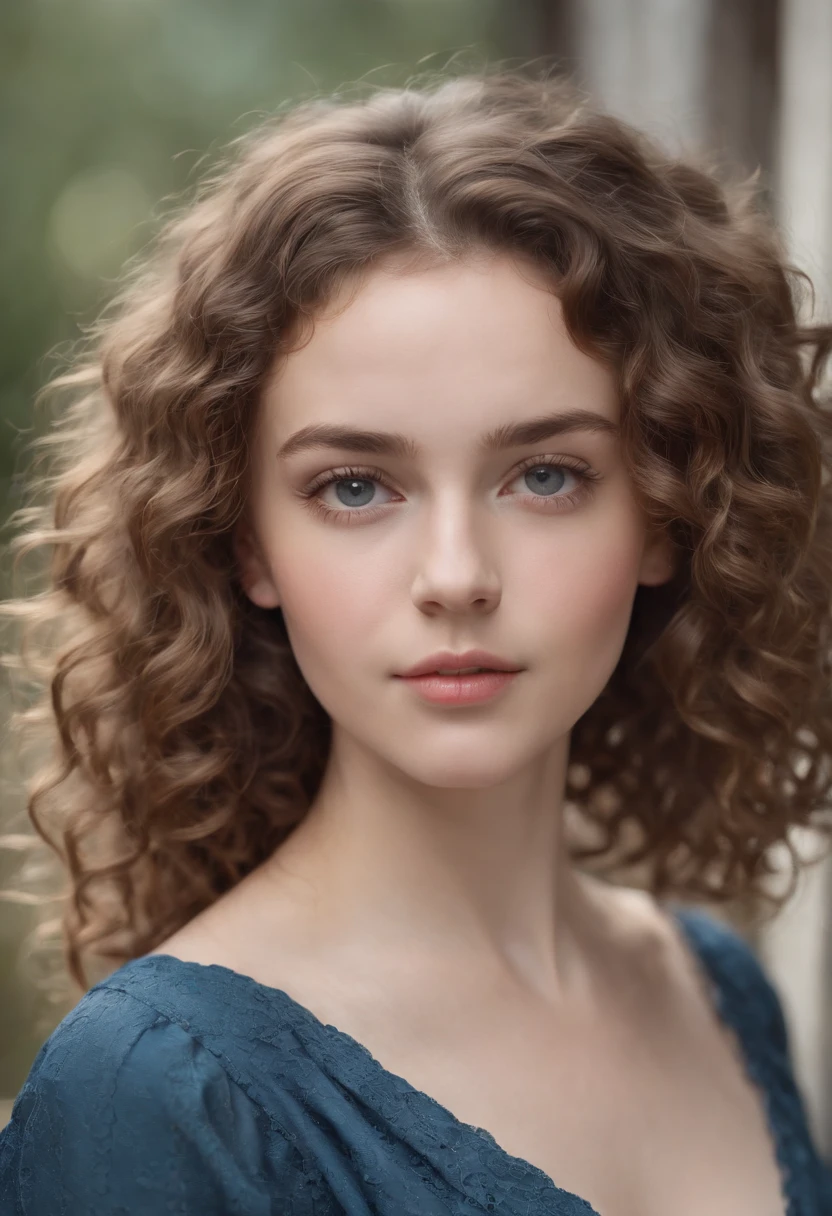 "Realistic nude full-body photograph of a lovely girl with curly hair, small figure, Cara hermosa, Cautivadores ojos azules, and large bust size, mostrando su belleza natural."