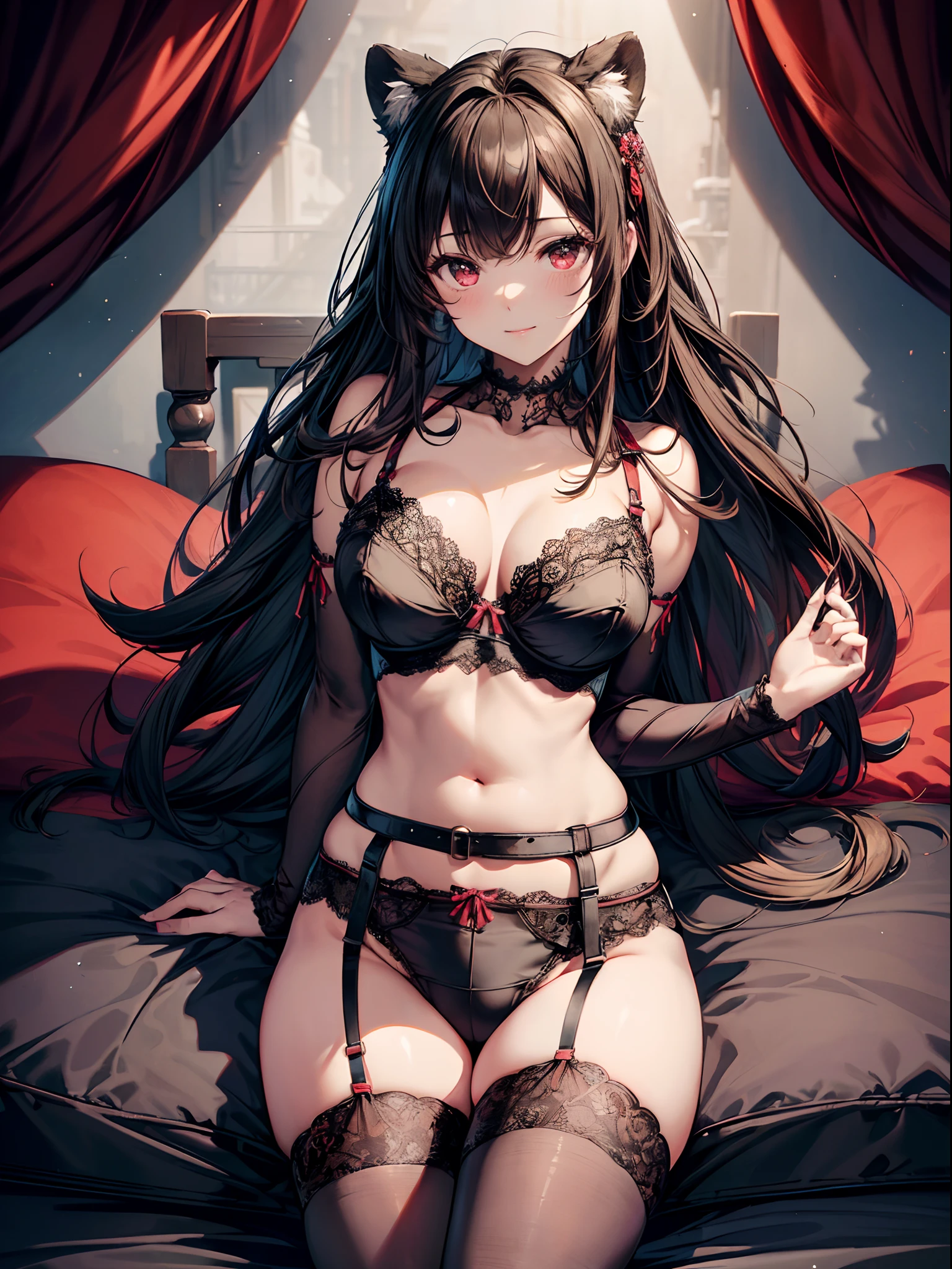 absurderes,(​masterpiece、top-quality、8K ),intricate detailes,ultra-detailliert、Hyper realistic,Perfect Anatomy ,One Cute Girl,Smile,Brown hair,Red Eyes,raccoon ears,(Black Lace Bra、Black Lace T-Back:1.3),(Girder Belt、Black stockings:1.3),((Thigh Focus、Absolute area:1.4)),Sleeping in bed、Intricate details, Hyper realistic, Perfect Anatomy