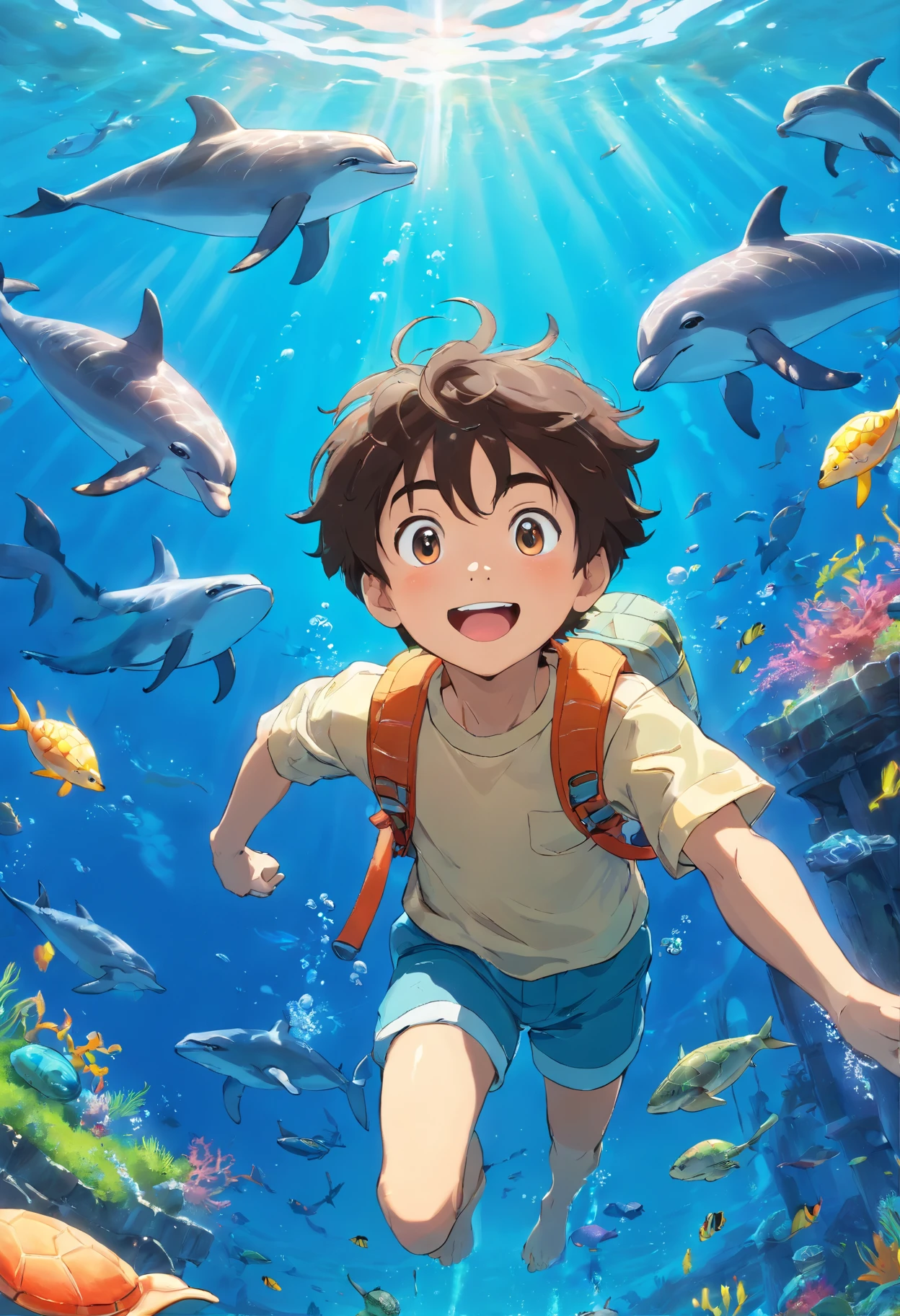 High Resolution,high resolution, (masterpiece:1.4), super detailed, 1boy, seen from above, standing on an ocean, sea, everything is beautiful, no land just blue , and fishes, whales, water wave, water splashes, sunny morning, with magical power below the feets, floating, Sharp detailed, Beautiful blue ocean and blue ocean