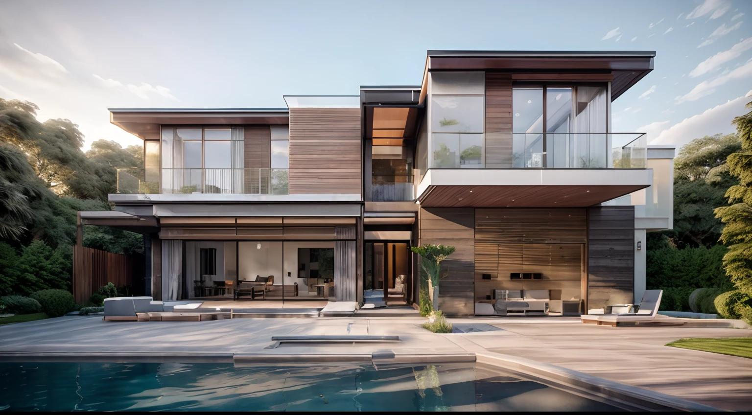 the exterior of the house; garden landscape, a pool with clear water, daytime, realistic, wide angle, (( render vray )), cloudy sky, morning, sunlight, European plants, render, spring light, detailed, modern style, clear image, glasses, high reflection, RAW photo, (high detailed skin:1.2), 8k UHD, DSLR, soft lighting, high quality, film grain, Fujifilm XT3