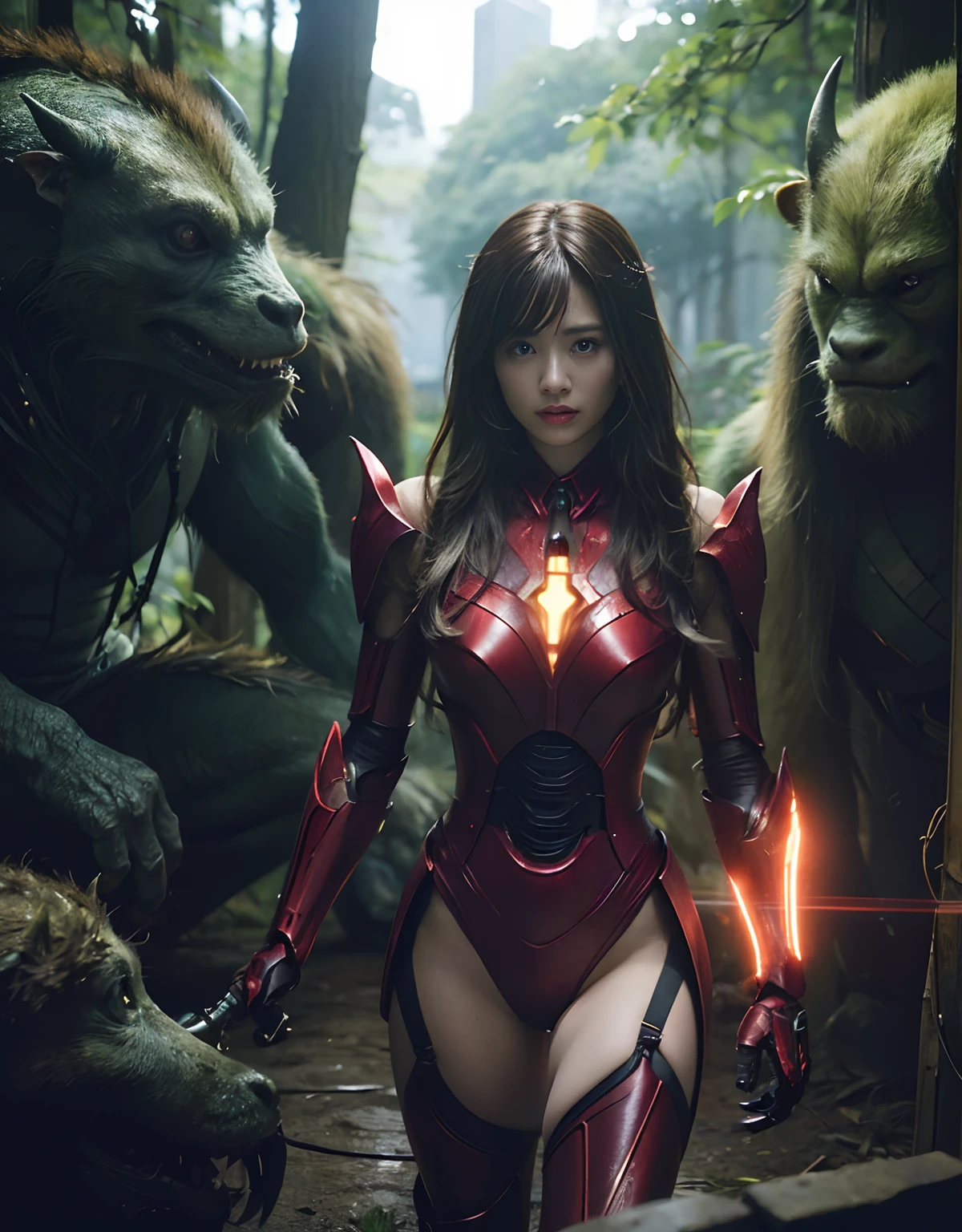 (1 Mechanical Girl)、top-quality、masterpiece、超A high resolution、(Photorealsitic:1.4)、Raw photo、1人、Fight mutants、glowy skin、(((1 Mechanical Girl)))、With a beautiful knife、(Yellow Metal Bodysuit)、(Kobold、ogre、Fiettle with orcs),(Fight fiercely t aliens)、Fight fiercely、(beautorest background)、(Fighting Demonic Beasts)、(Small LED)、((super realistic details))、portlate、(Strong giant demon beast background),globalillumination、Shadow、octan render、8K、ultrasharp、Colossal tits、Raw skin is expoin cleavage、metals、Details ox ornaments、Japan details、highly intricate detail、Realistic light、(Mystical expression),CGSoation Trends、Red Eyes、radiant eyes、Facing the camera、neon details、(Mechanical limbs)、(blood vessels connected to tubes)、Mechanical vertebrae attached to the back、mechanical cervical attaching to neck、(Wires and cables connecting to the head)、Gundam、Small LED、,Mechanical thighs、Toostock、(Hands are also made of machines)、(Attack of the Monster Beasts)、(Wounded in a deadly battle)、