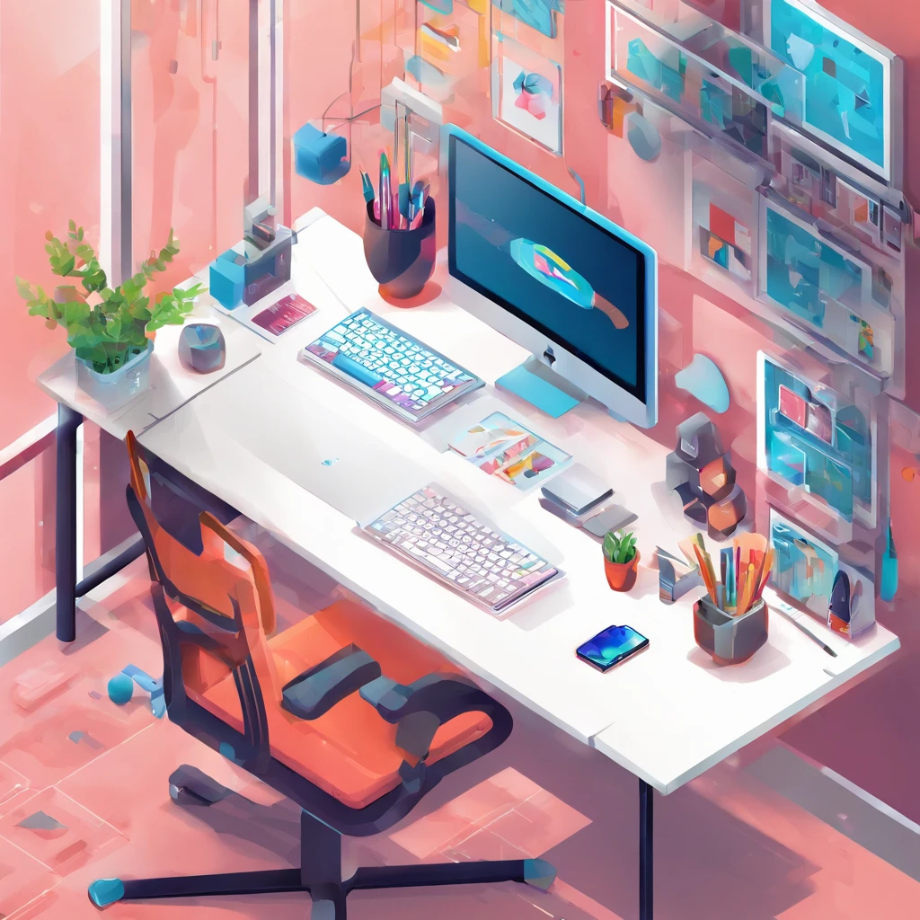 a working desk with pc, designer tools, and some toys, the screen on the PC displays mobile apps, make the style more futuristic but keeping it simple
