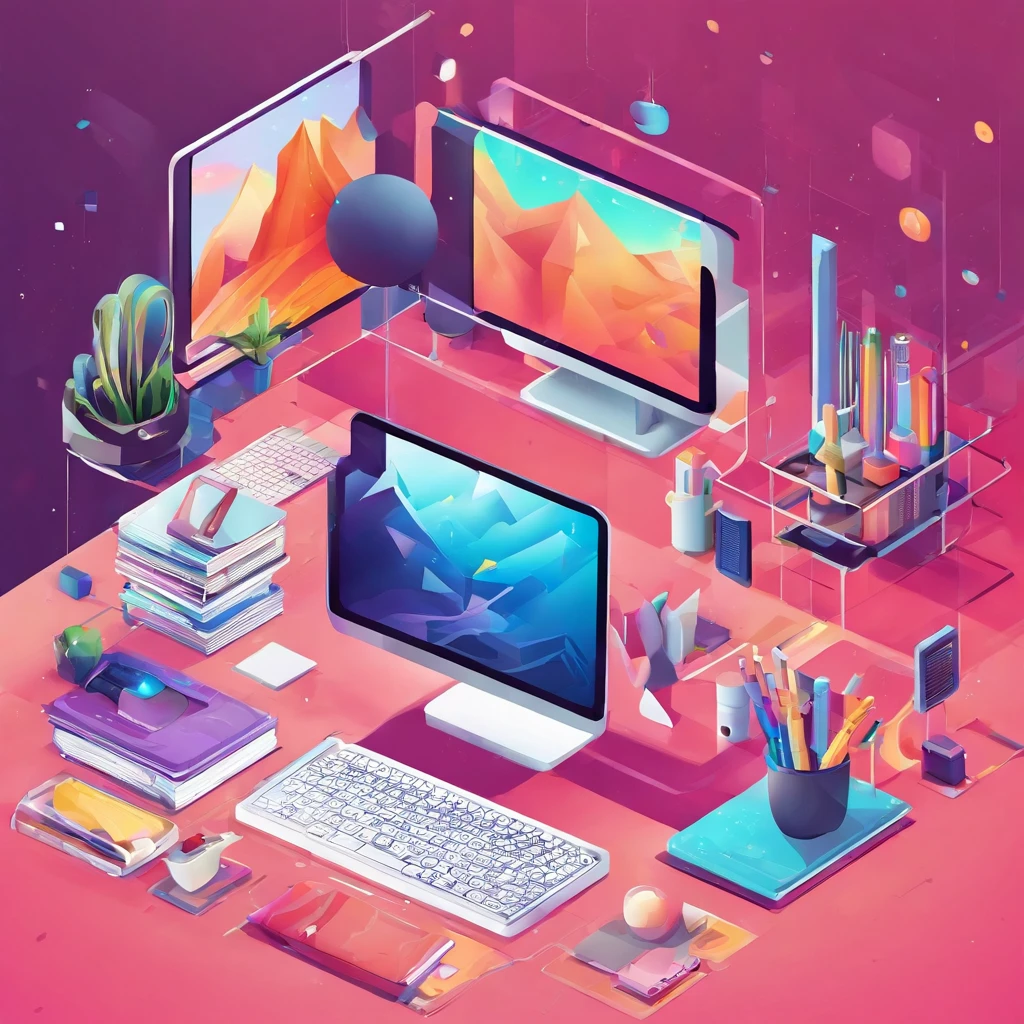 a working desk with pc, designer tools, and some toys, the screen on the PC displays mobile apps, make the style more futuristic but keeping it simple