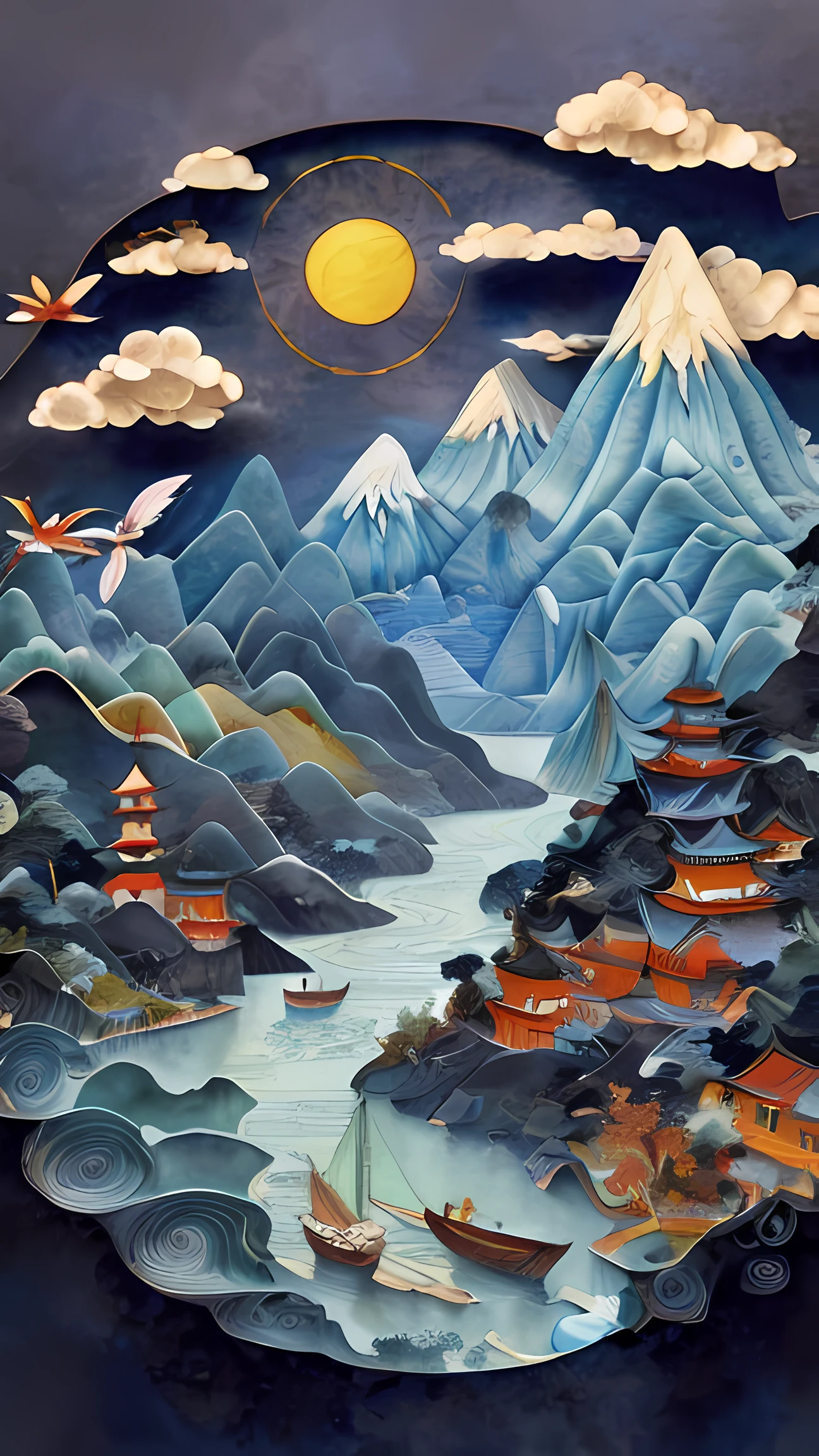 Close-up of a paper cut of a mountain and a boat, intricate 3 d illustration, great digital art with details, layered paper art, scenery art detailed, intricate scenery, 4k highly detailed digital art, pop japonisme 3 d ultra detailed, detailed dreamscape, Highly detailed illustration, paper art, 4K detailed digital art, very coherent stylized artwork