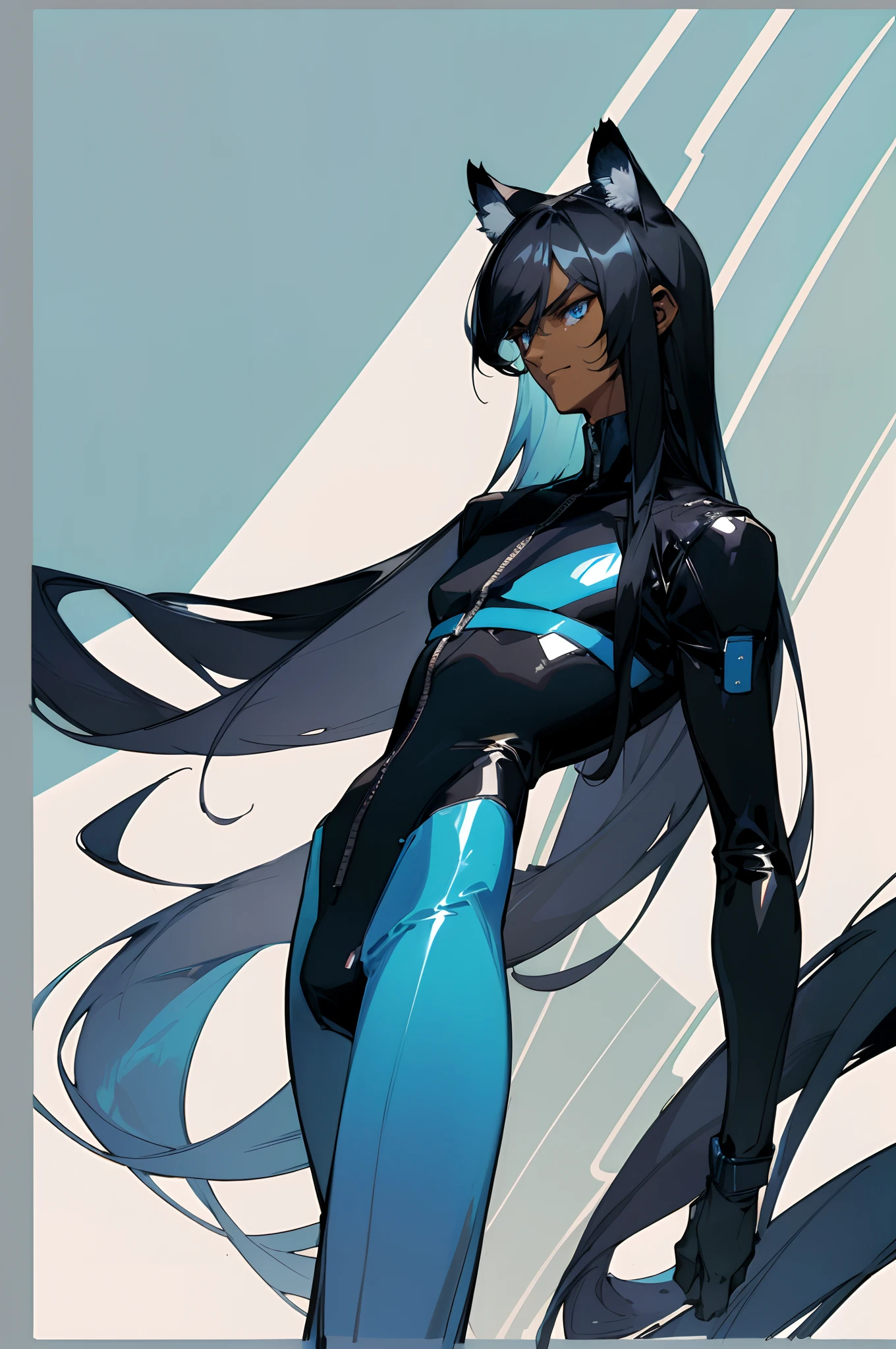 (masterpiece, best quality) detailed, 1Character , blue archive art style , wearing Black bodysuit, blue accents , zip up , futuristic, shiny , ((Beautiful man:1)) , ((Dark skin:1.5)) , (( Extremely long hair)) , ((black hair)) , ((male:1.4)) , full lips , light blue eyes ,((tiger ears:1)) , ((Crop top:1)) , ((Skinny build)) ,effeminate , full long eyelashes , age 32 ,
, pastel washed out colors , cell shade ,